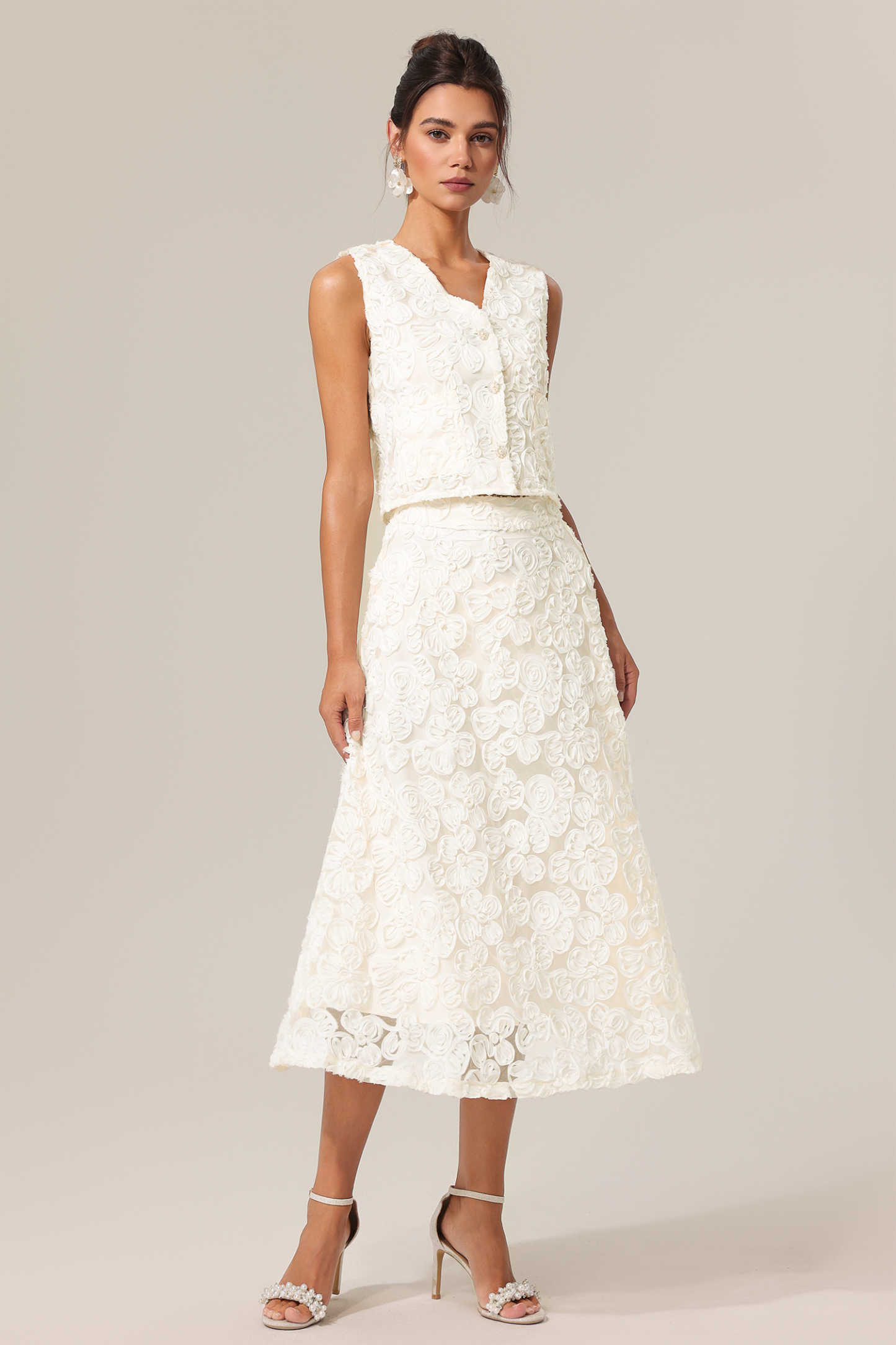 Johanne V-Neck Sleeveless Flowers Top And Skirt Two-Piece Set