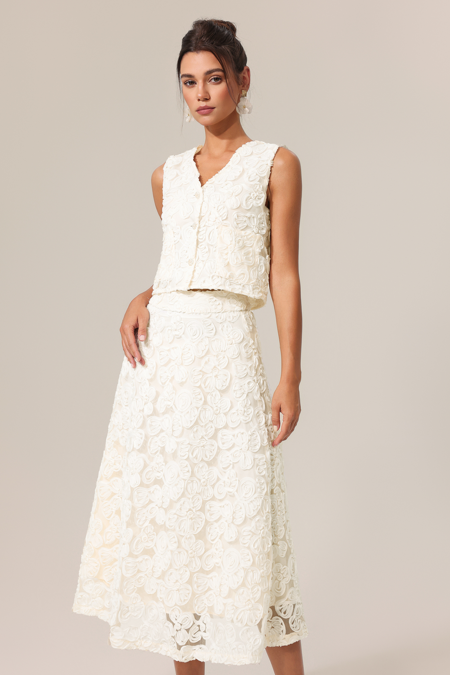 Johanne V-Neck Sleeveless Flowers Top And Skirt Two-Piece Set