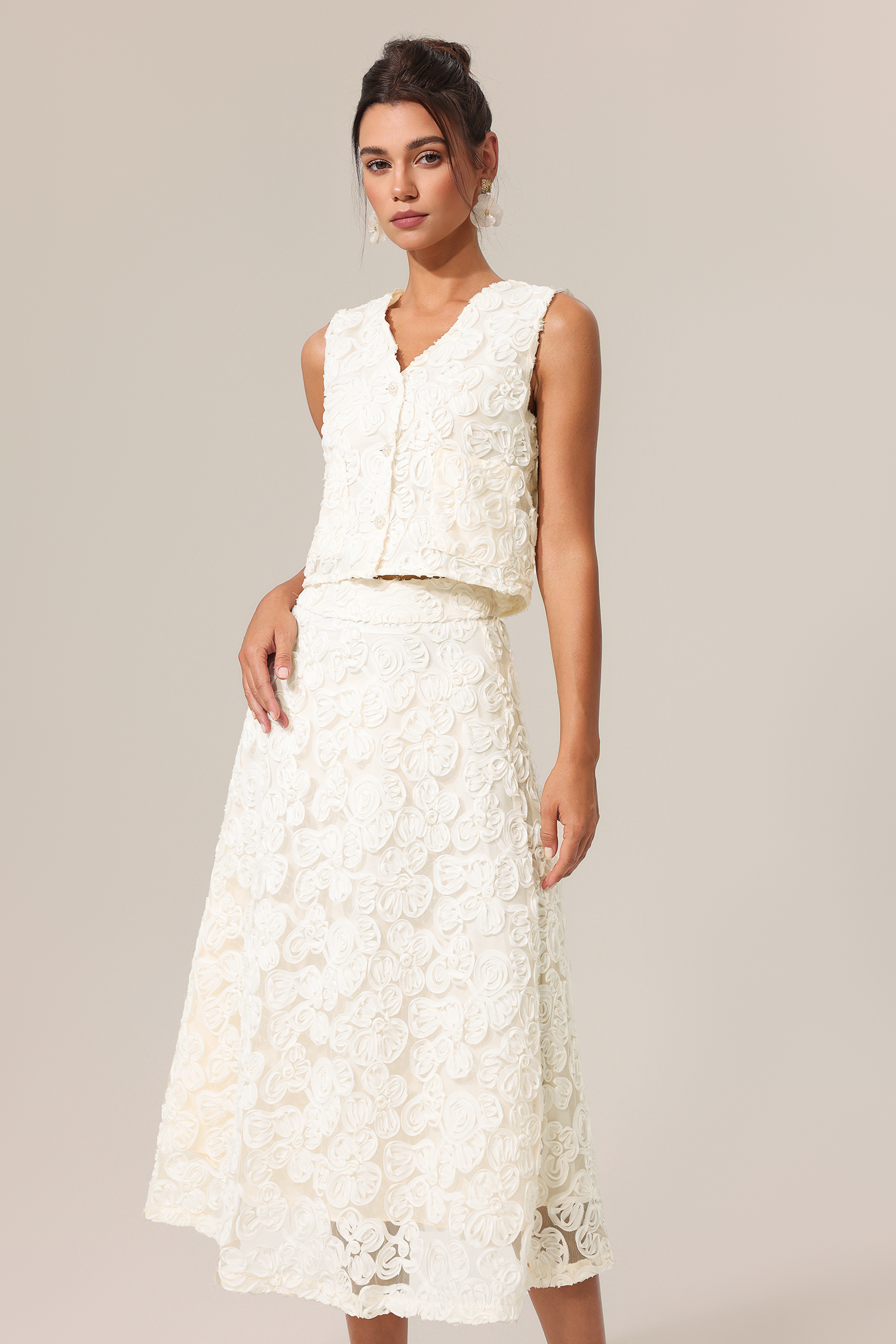 Johanne V-Neck Sleeveless Flowers Top And Skirt Two-Piece Set