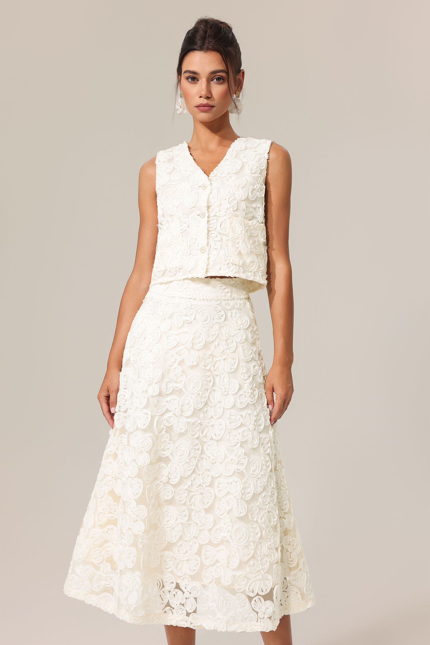 Johanne V-Neck Sleeveless Flowers Top And Skirt Two-Piece Set