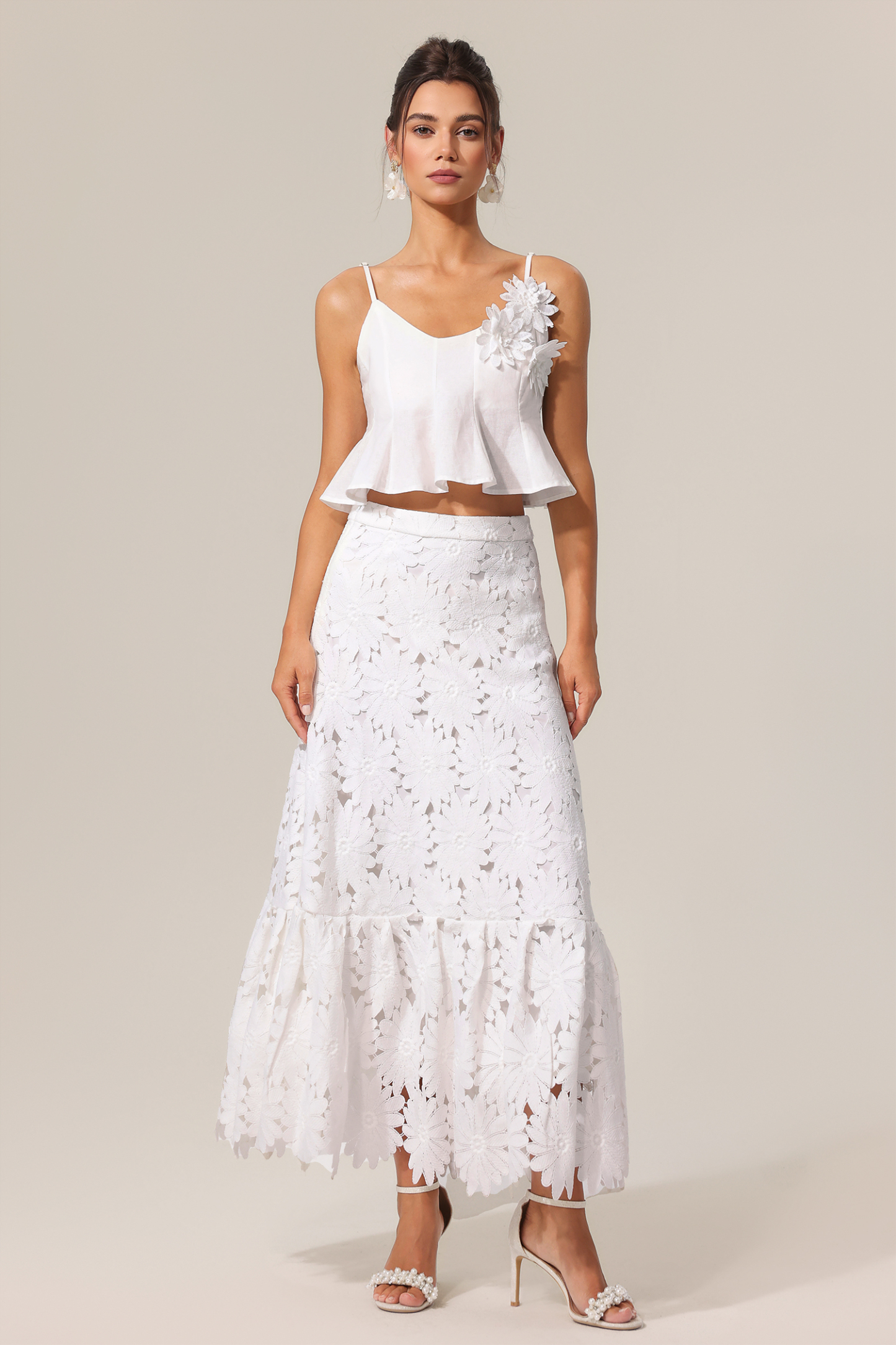 Ohney Halter Flowers Lace Top And Skirt Two-Piece Set