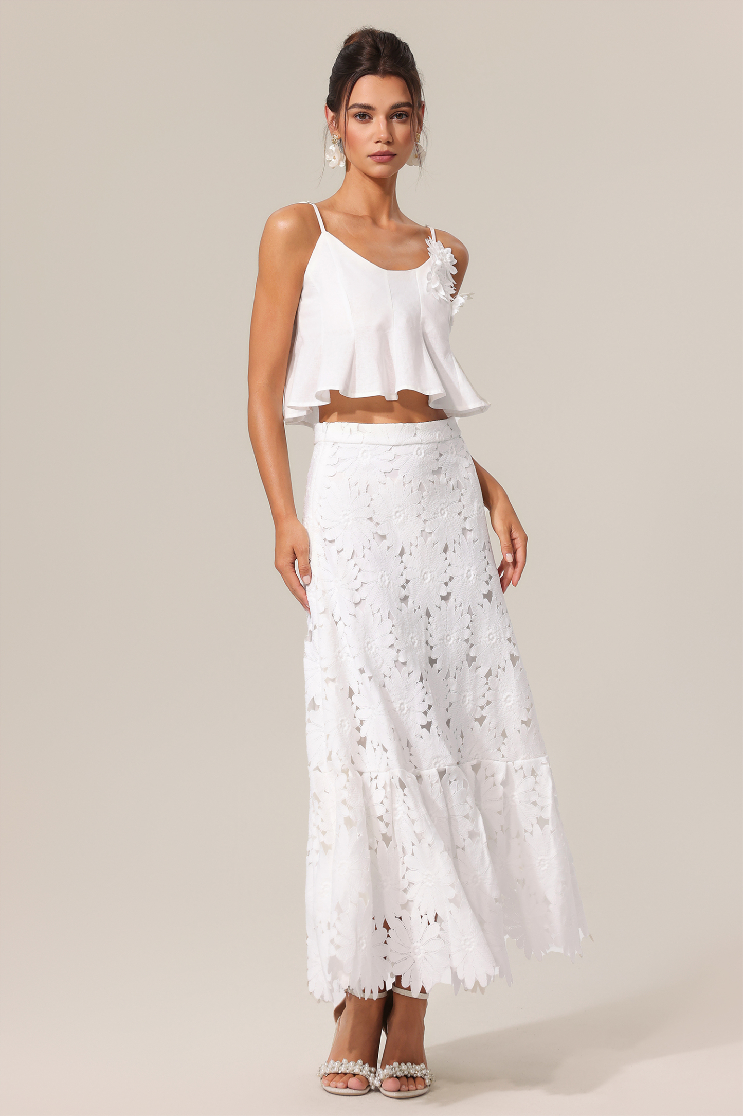 Ohney Halter Flowers Lace Top And Skirt Two-Piece Set