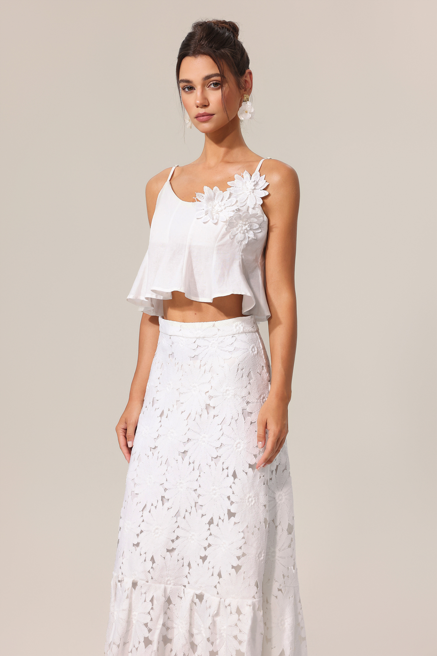 Ohney Halter Flowers Lace Top And Skirt Two-Piece Set