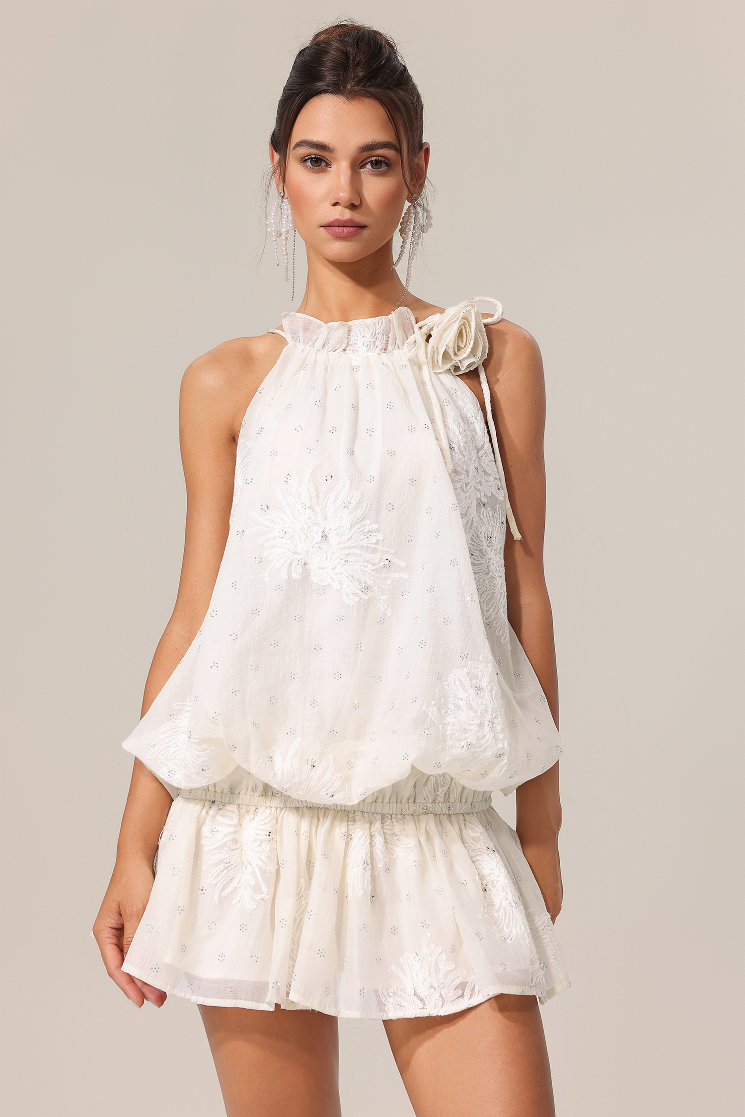 Diana Sleeveless Embroidery Flowers Lace Folds Mini Dress