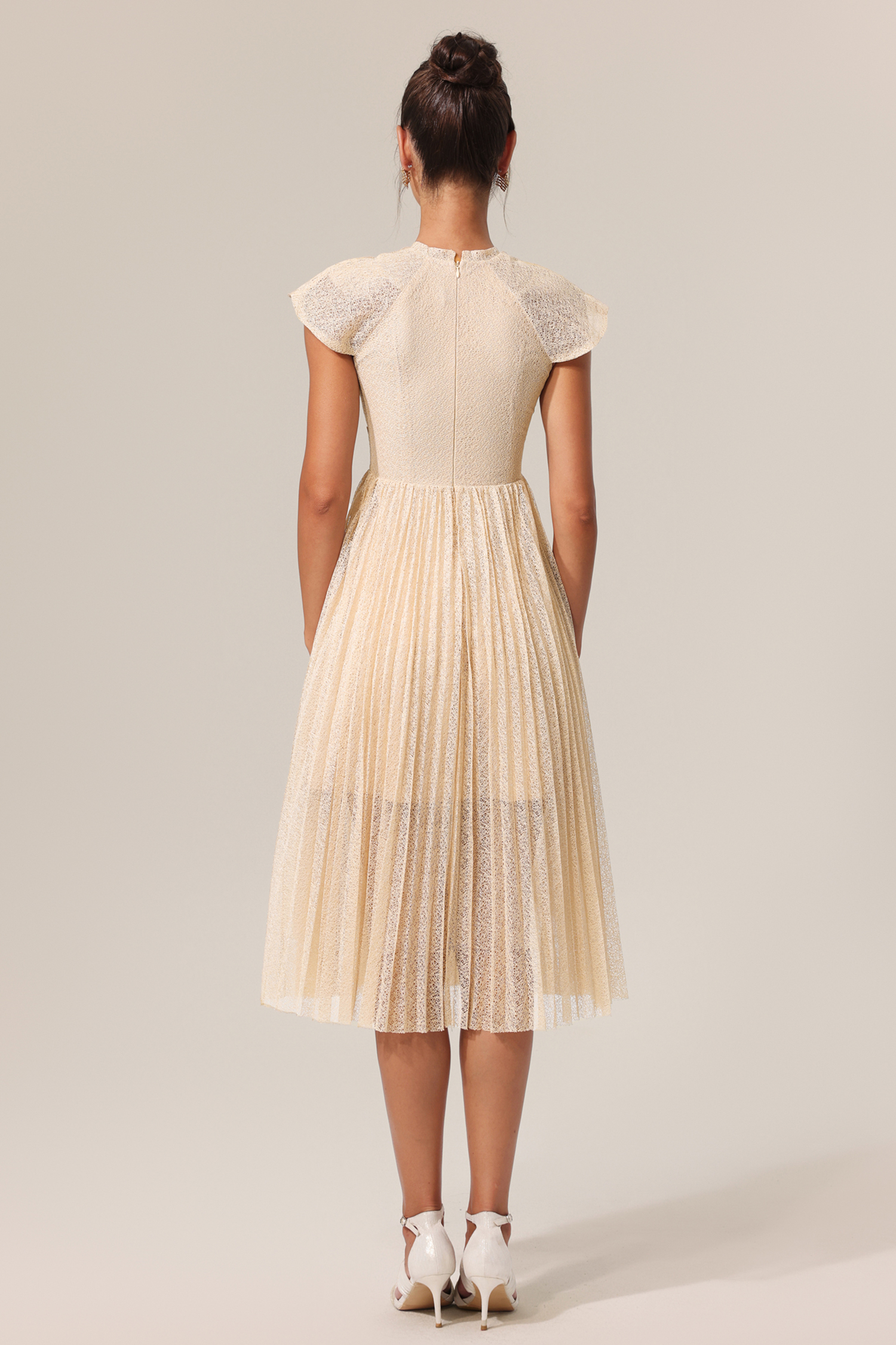 Stormie Round Neck Sleeveless Embroidery Butterfly Flowers Lace Folds Midi Dress