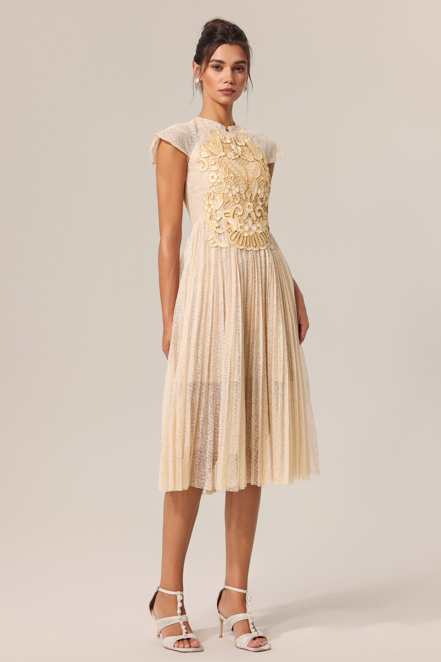 Stormie Round Neck Sleeveless Embroidery Butterfly Flowers Lace Folds Midi Dress