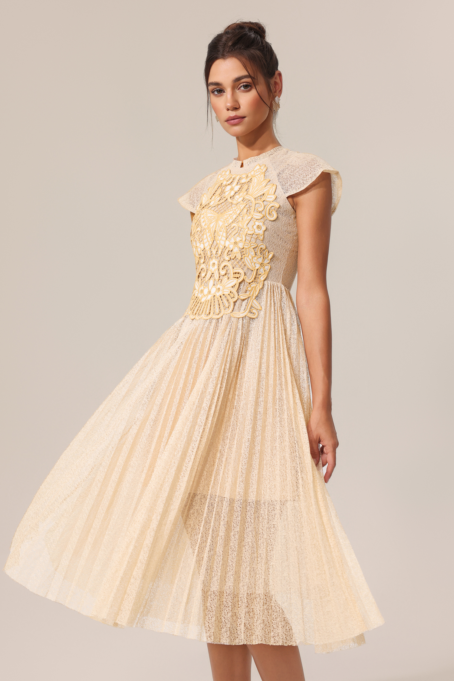 Stormie Round Neck Sleeveless Embroidery Butterfly Flowers Lace Folds Midi Dress