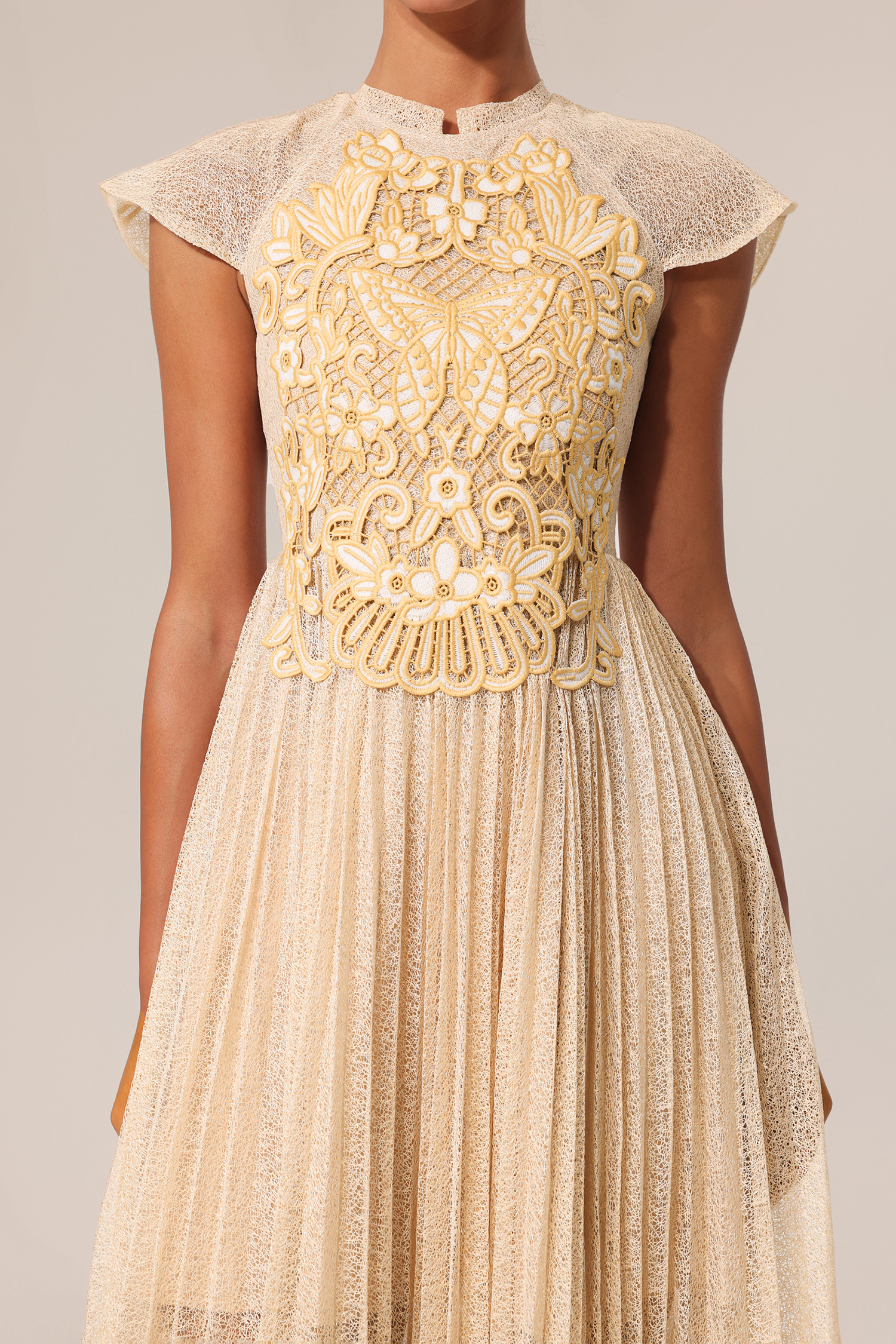 Stormie Round Neck Sleeveless Embroidery Butterfly Flowers Lace Folds Midi Dress