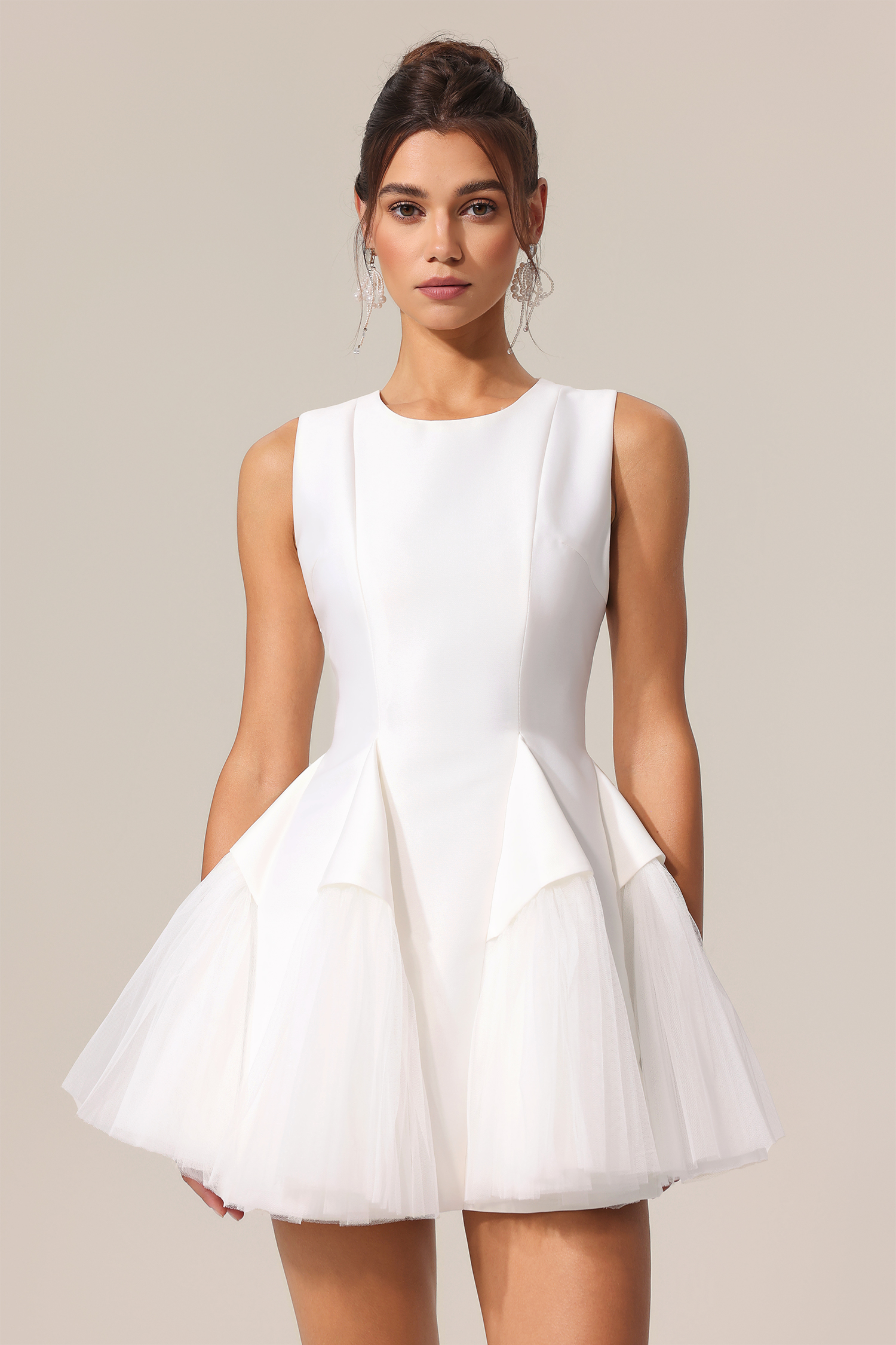 Vara Round Neck Sleeveless  Folds Mini Dress