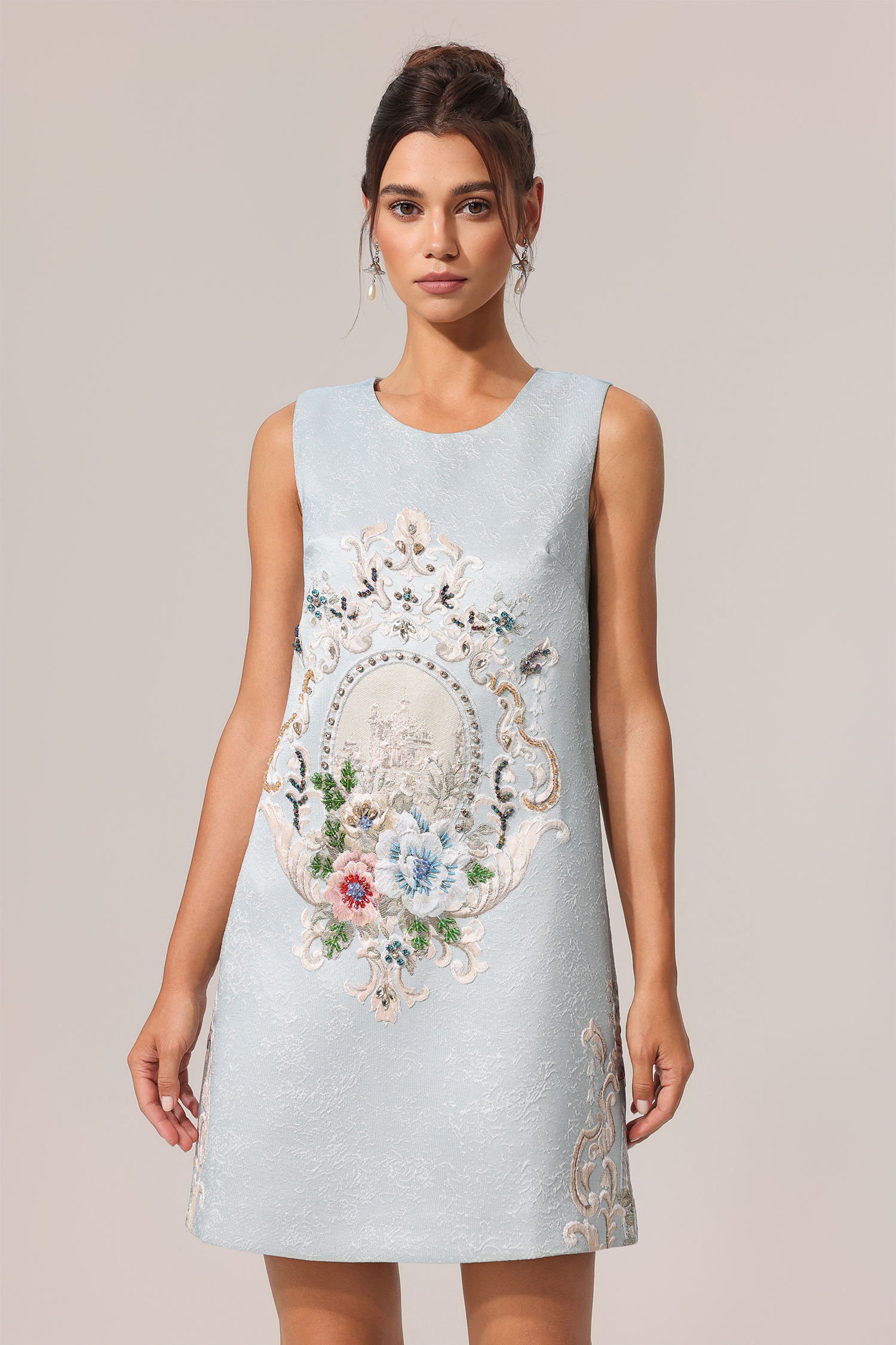 Vela Round Neck Sleeveless Embroidery Jacquard Mini Dress