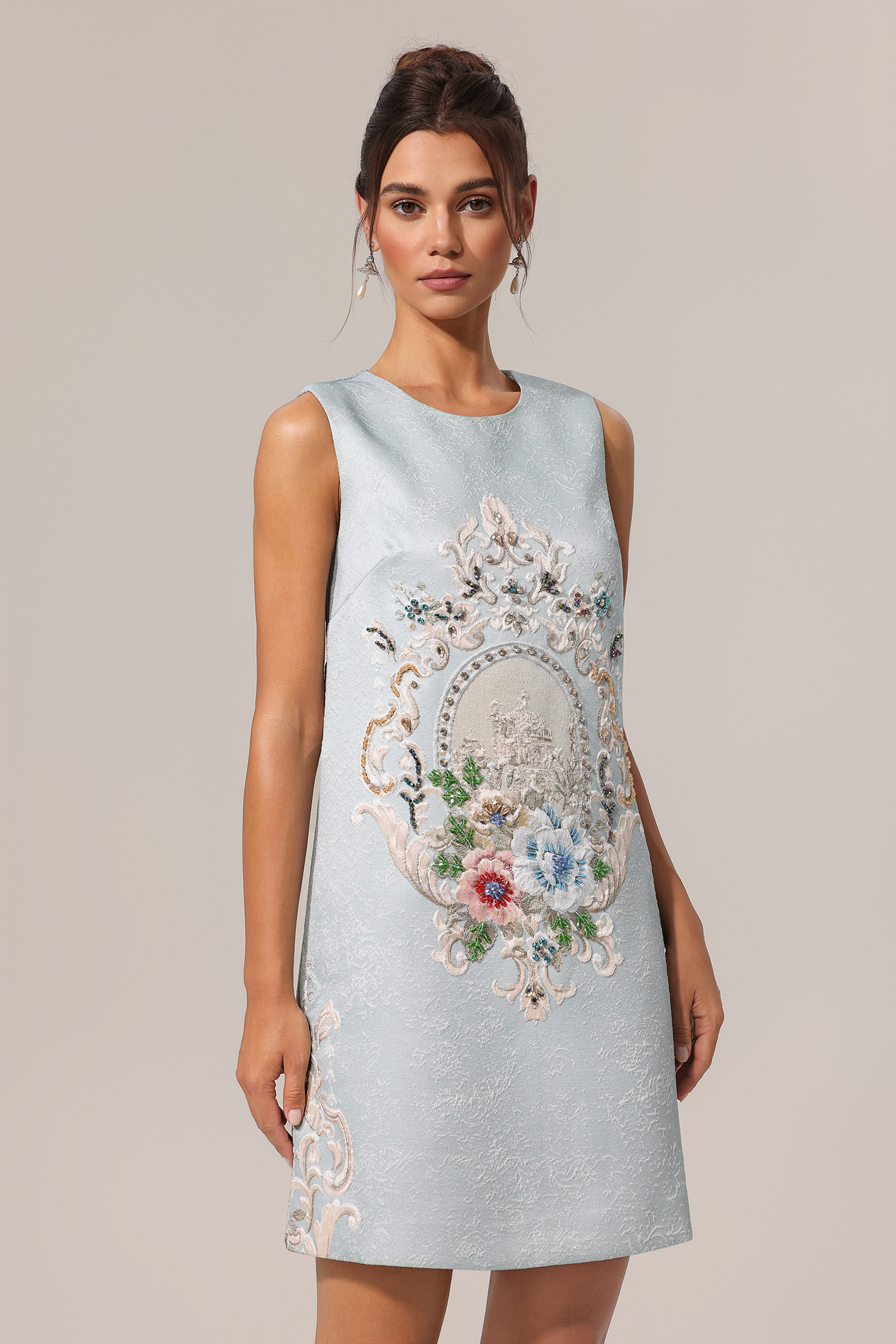 Vela Round Neck Sleeveless Embroidery Jacquard Mini Dress