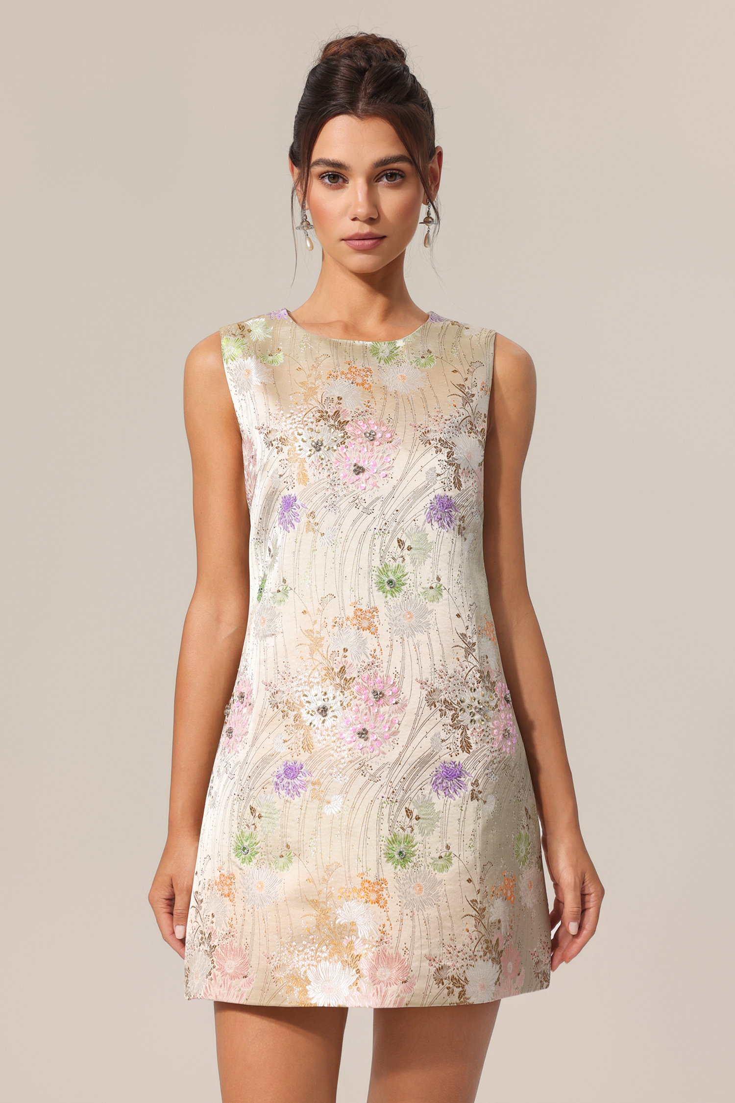 Ente Round Neck Sleeveless Jacquard Mini Dress