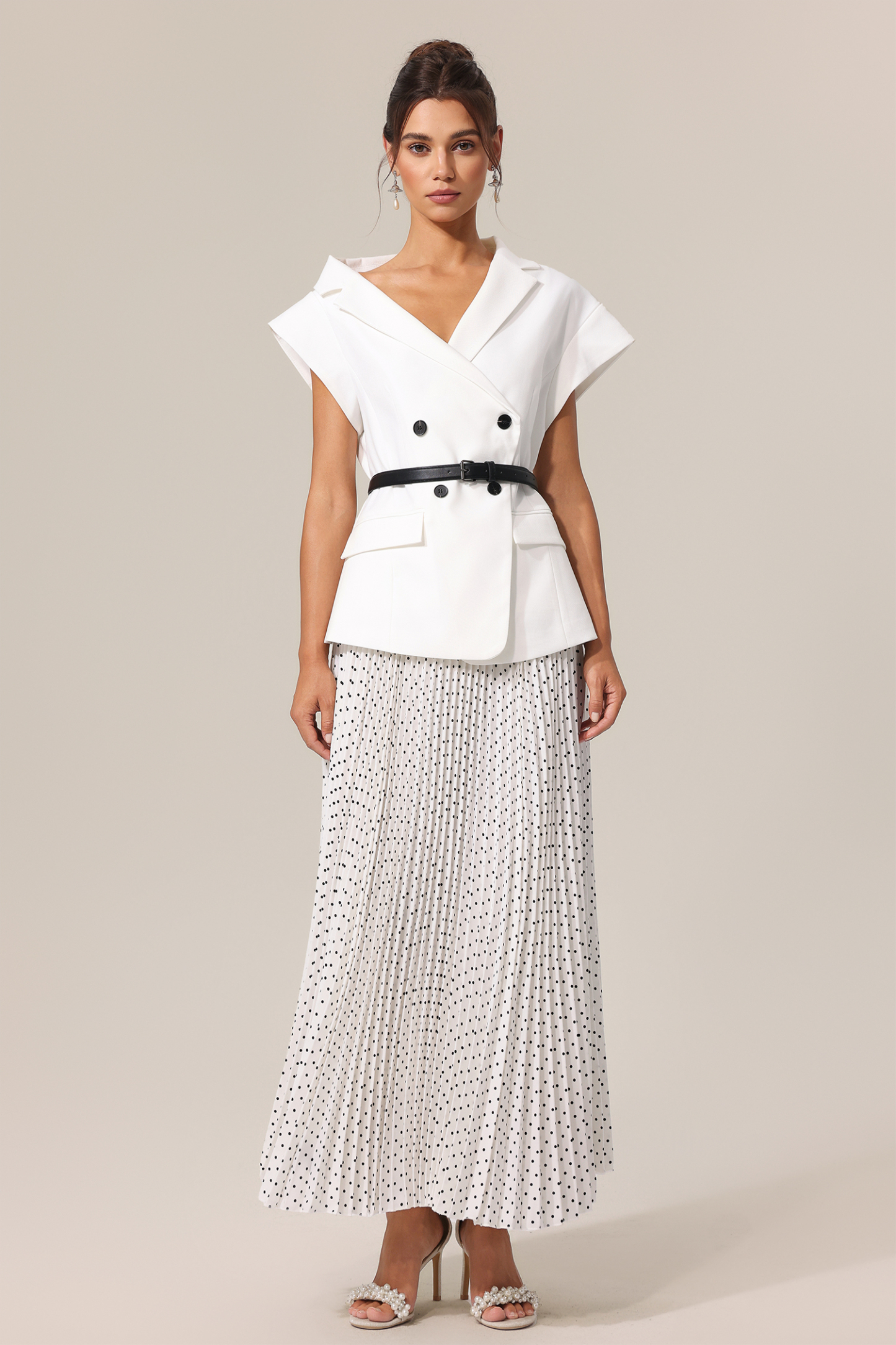 Kosala Asymmetric Dot Printed Folds Suit Top And Skirt Two-Piece Set