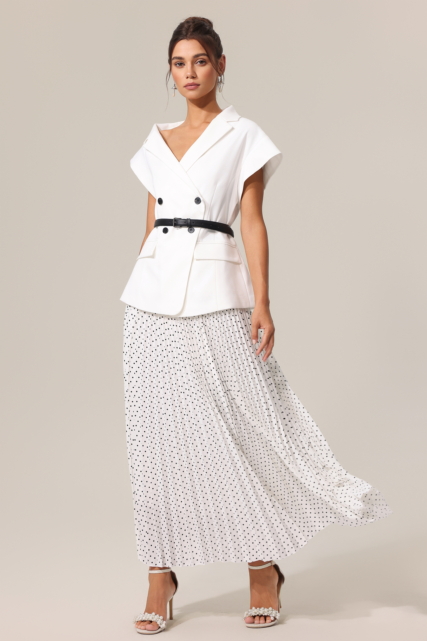 Kosala Asymmetric Dot Printed Folds Suit Top And Skirt Two-Piece Set