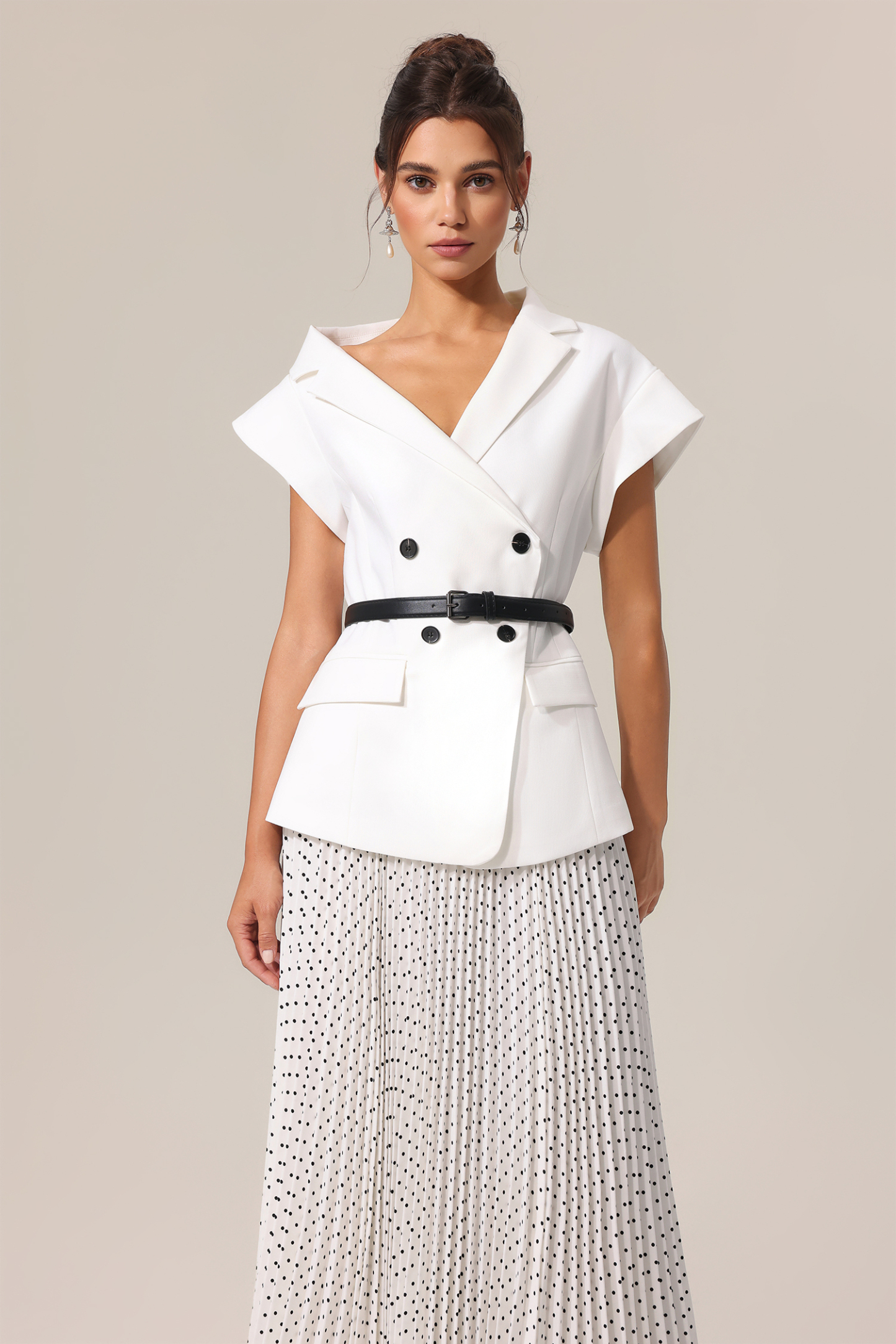 Kosala Asymmetric Dot Printed Folds Suit Top And Skirt Two-Piece Set