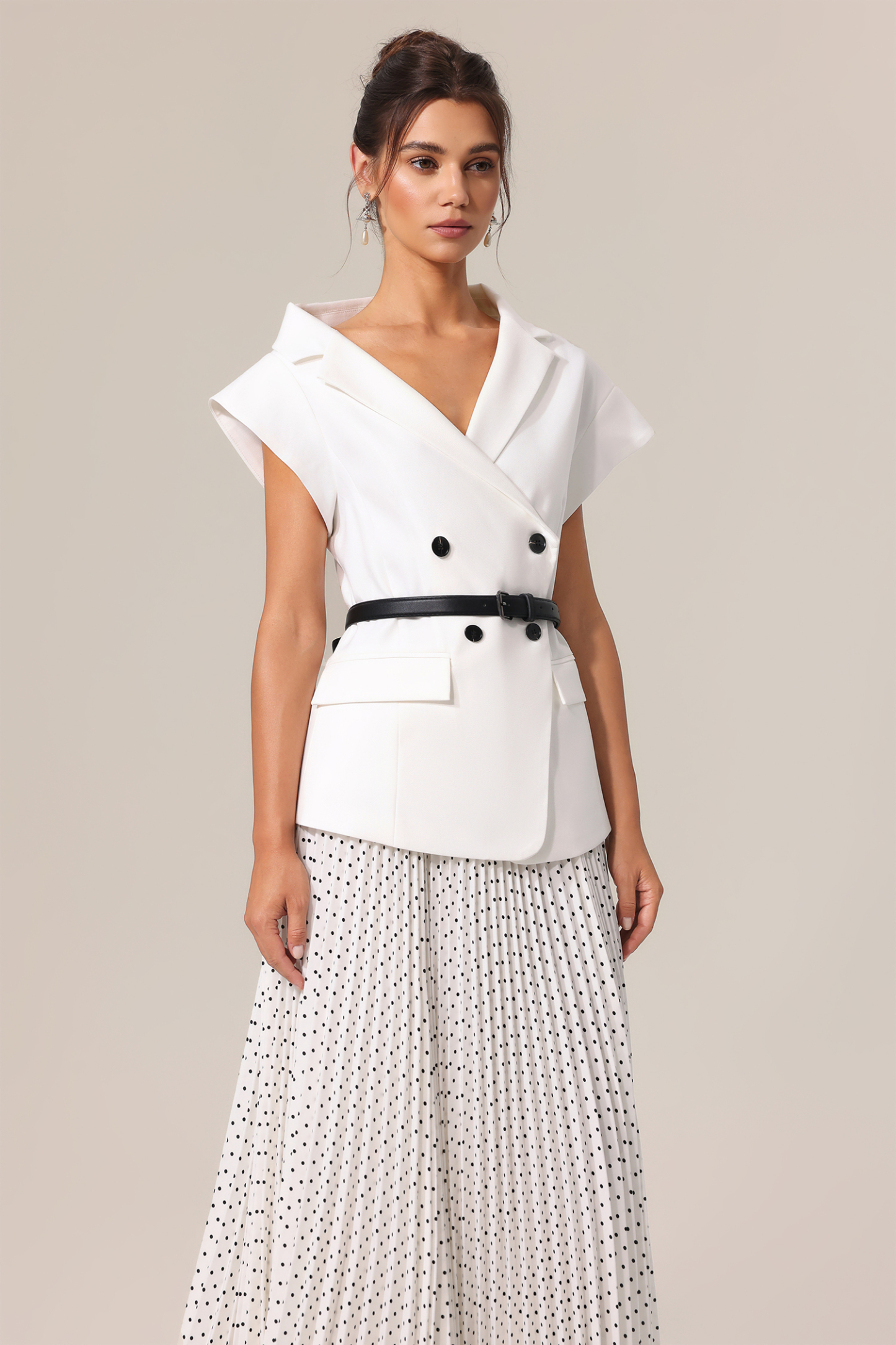 Kosala Asymmetric Dot Printed Folds Suit Top And Skirt Two-Piece Set
