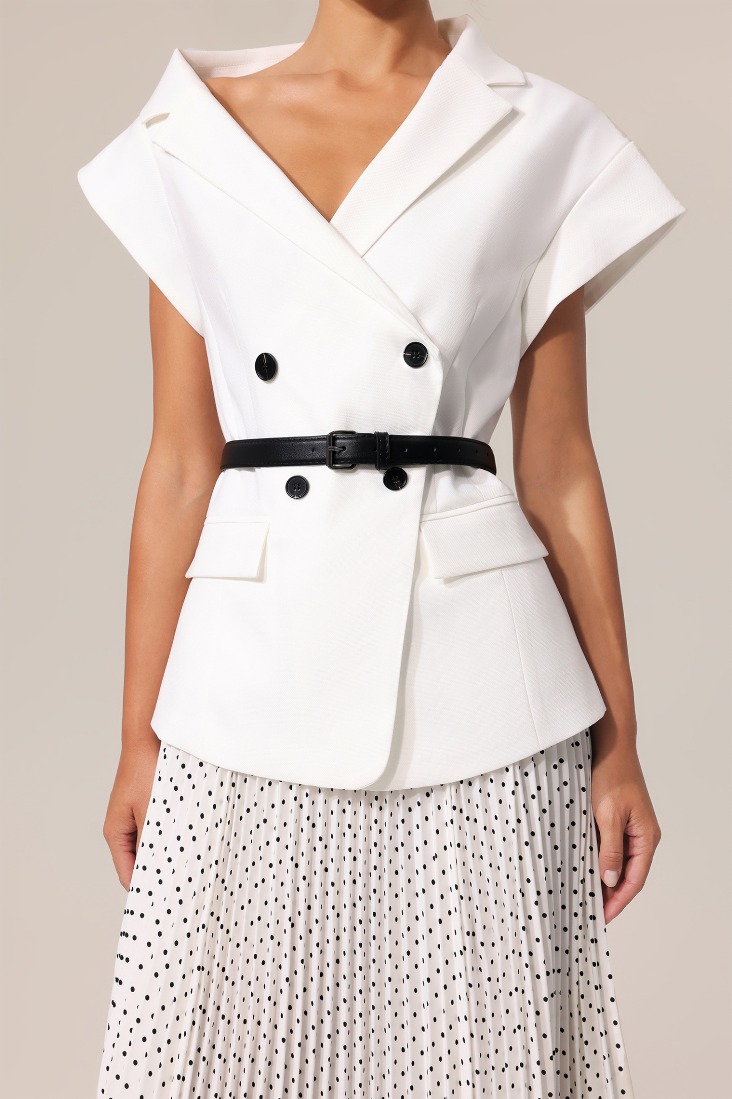 Kosala Asymmetric Dot Printed Folds Suit Top And Skirt Two-Piece Set