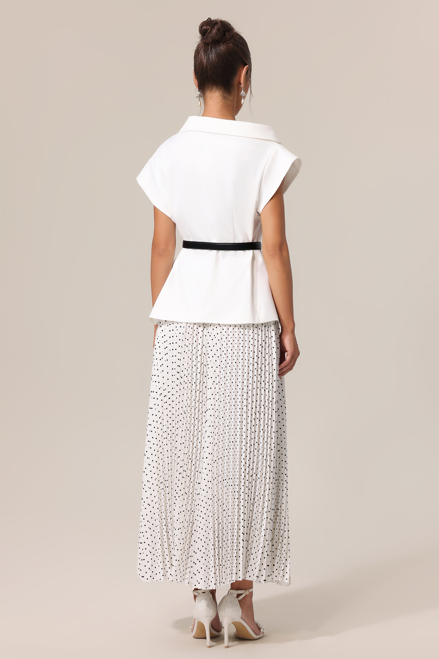 Kosala Asymmetric Dot Printed Folds Suit Top And Skirt Two-Piece Set