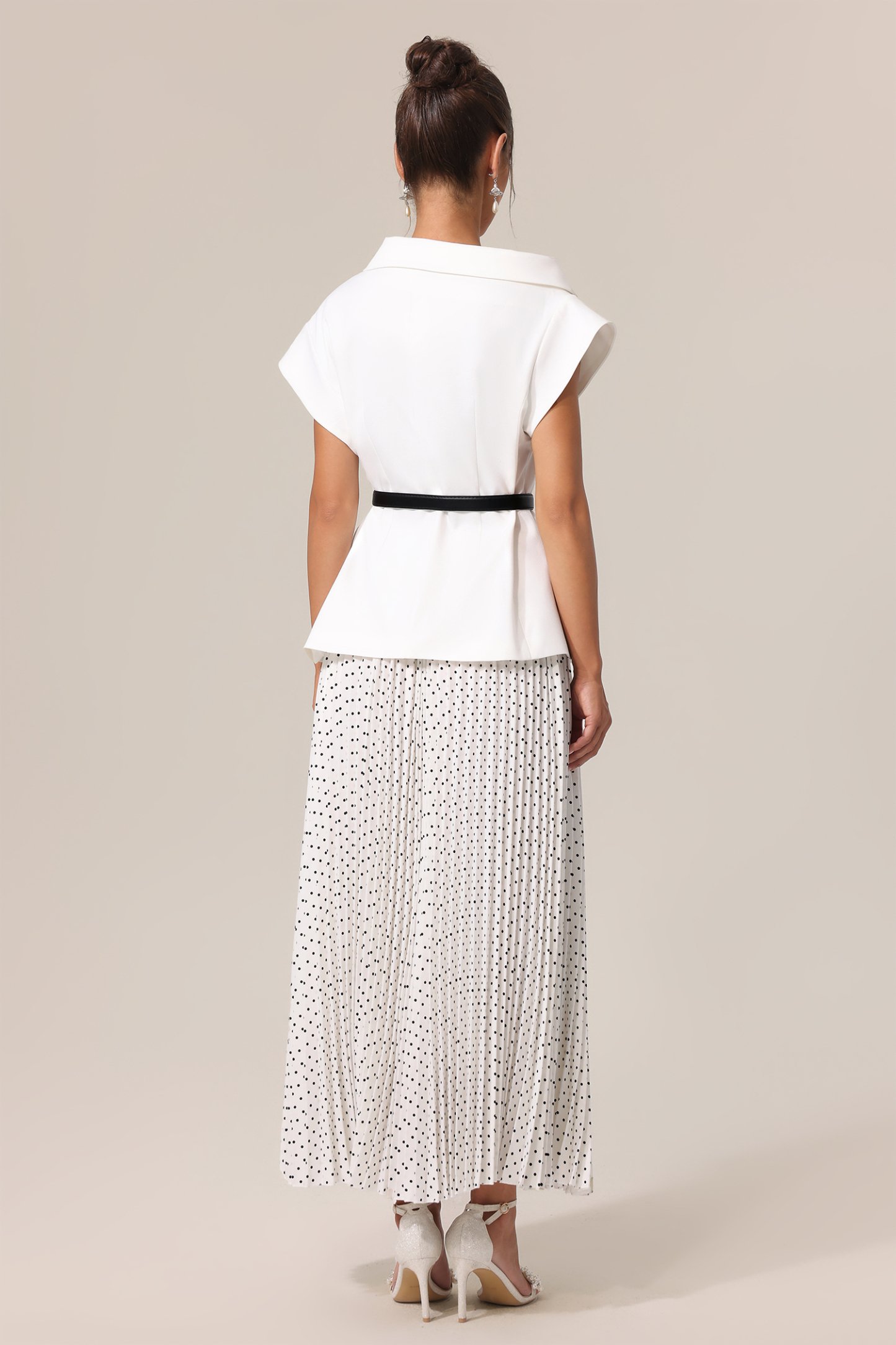 Kosala Asymmetric Dot Printed Folds Suit Top And Skirt Two-Piece Set