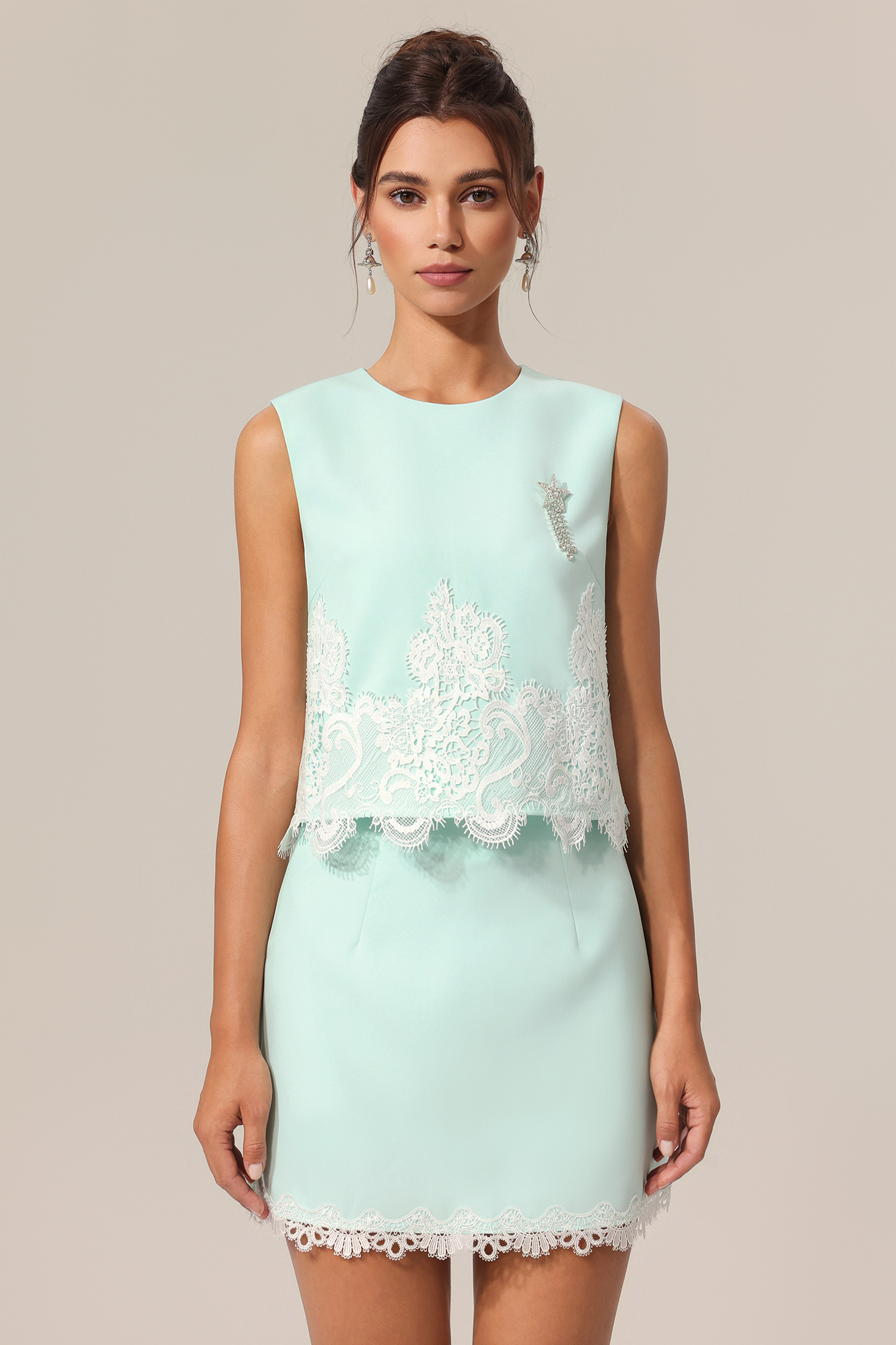 Gearoid Round Neck Sleeveless Lace Top And Skirt Two-Piece Set
