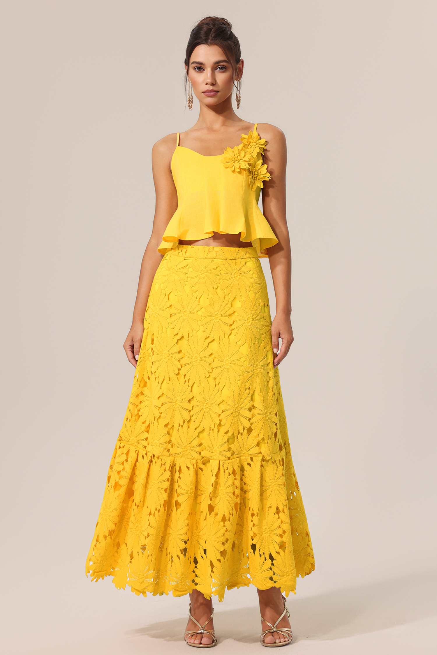 Ninao Halter Flowers Lace Top And Skirt Two-Piece Set