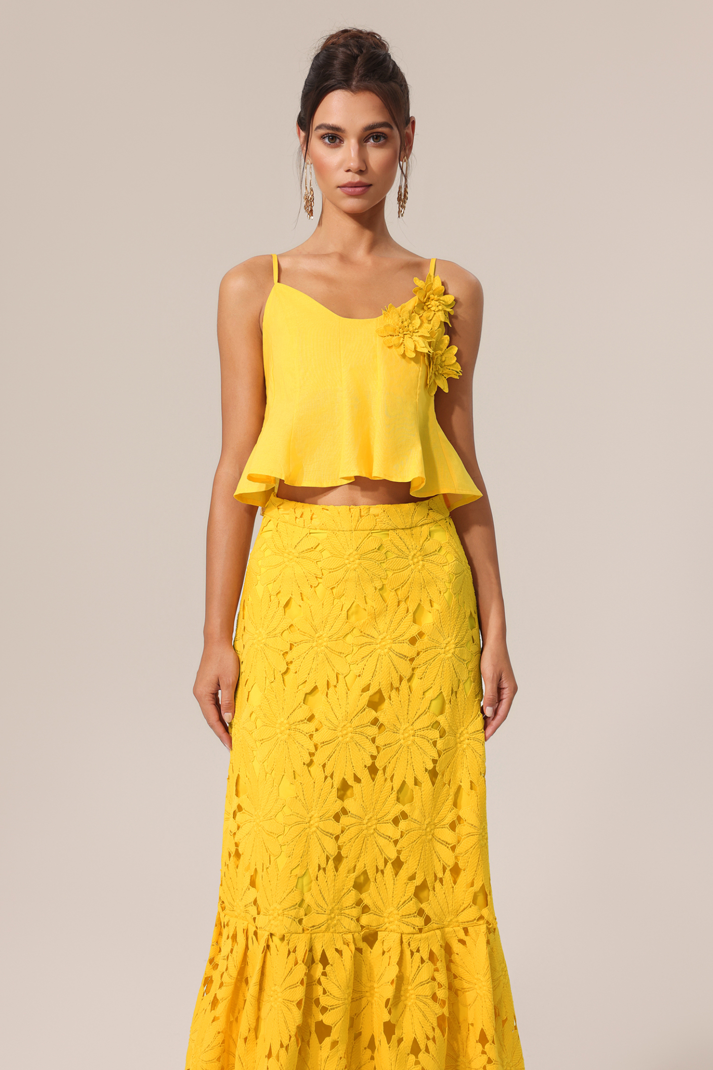 Ninao Halter Flowers Lace Top And Skirt Two-Piece Set