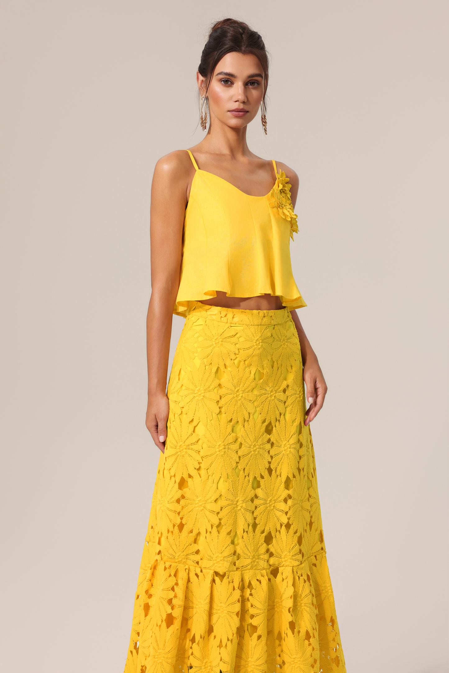 Ninao Halter Flowers Lace Top And Skirt Two-Piece Set