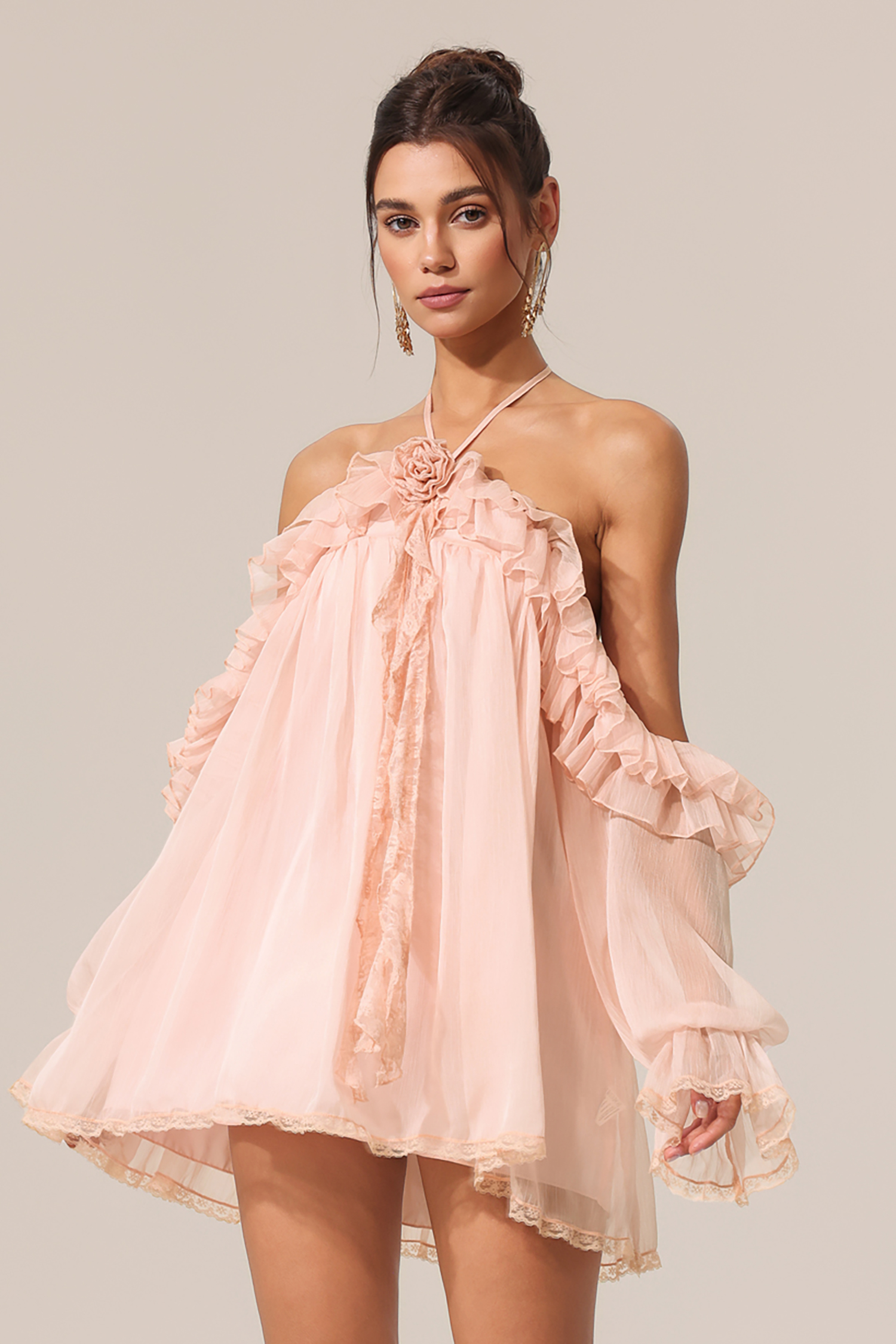 Estella Long Sleeves Flowers Folds Mini Dress