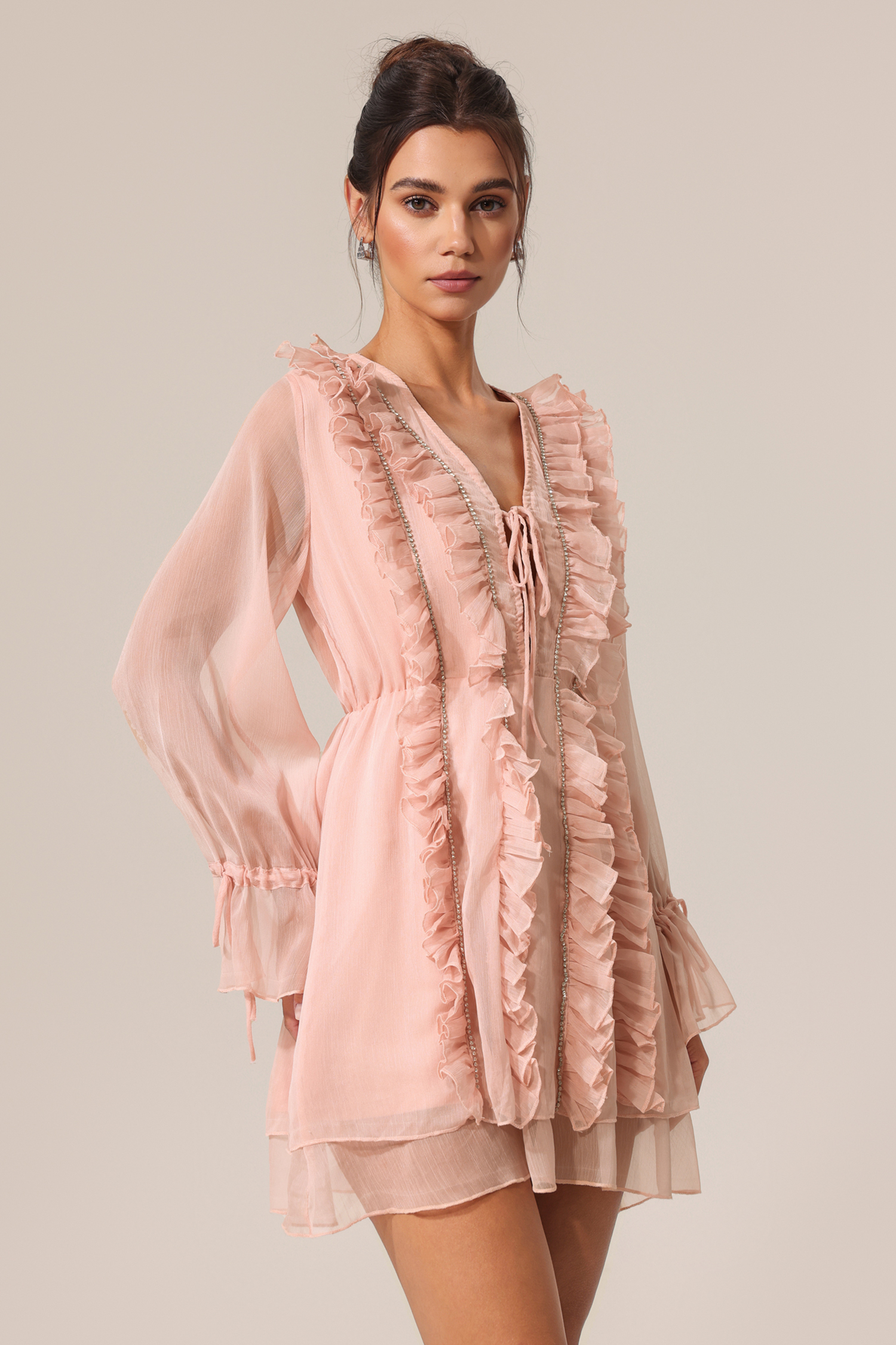Vera V-Neck Long Sleeves Diamond Folds Mini Dress