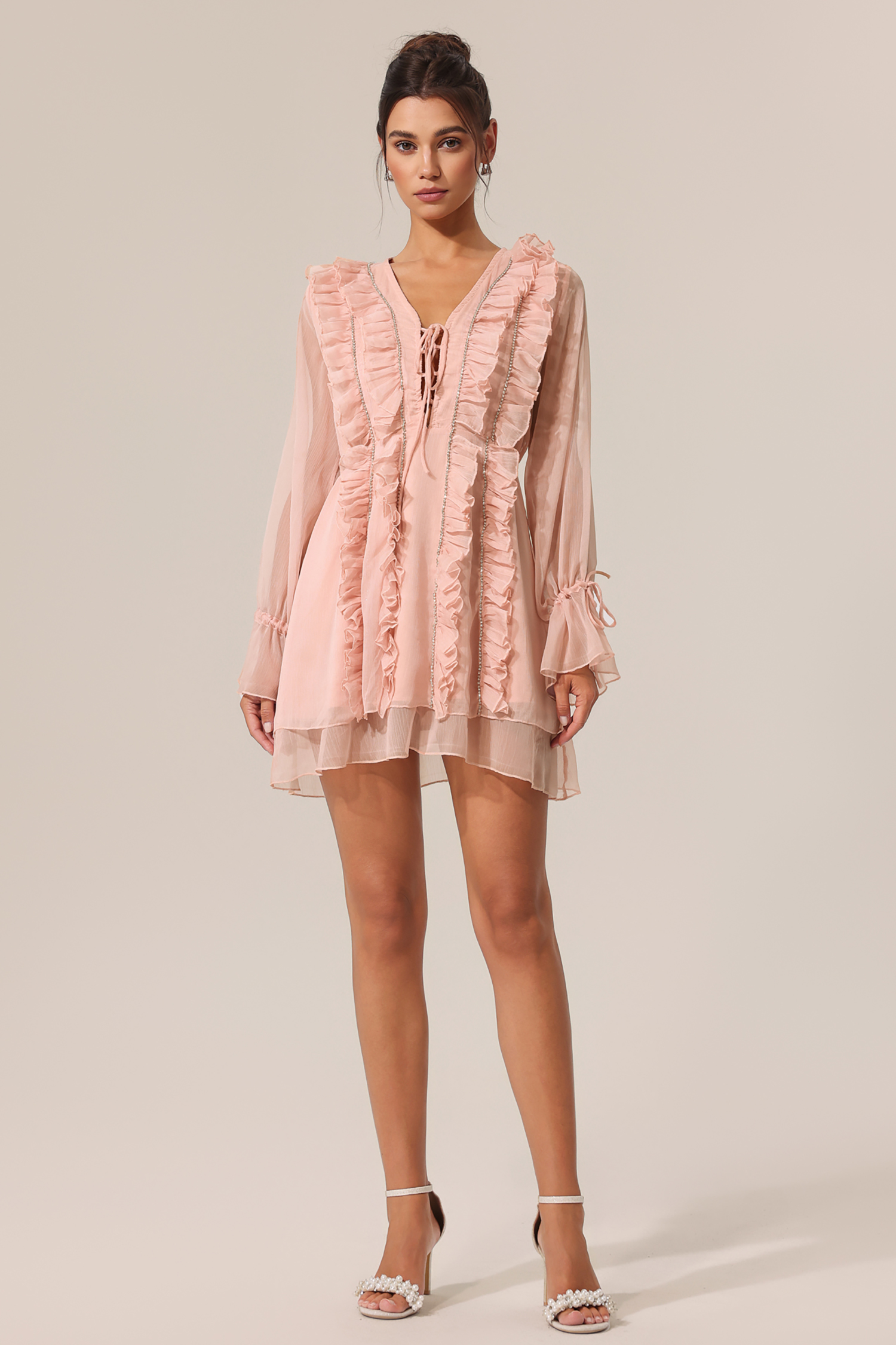 Vera V-Neck Long Sleeves Diamond Folds Mini Dress