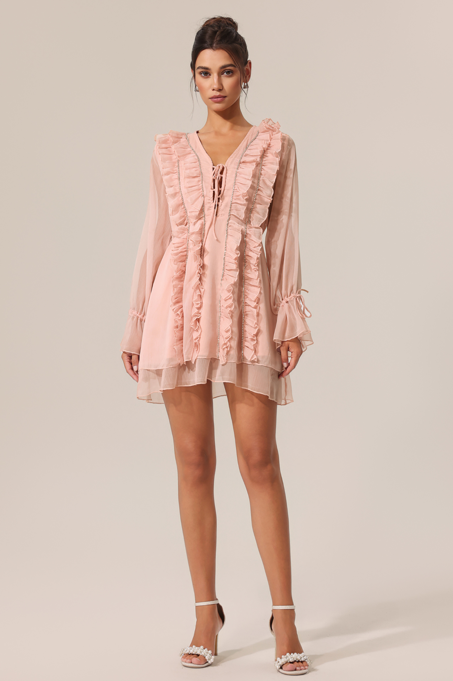 Vera V-Neck Long Sleeves Diamond Folds Mini Dress