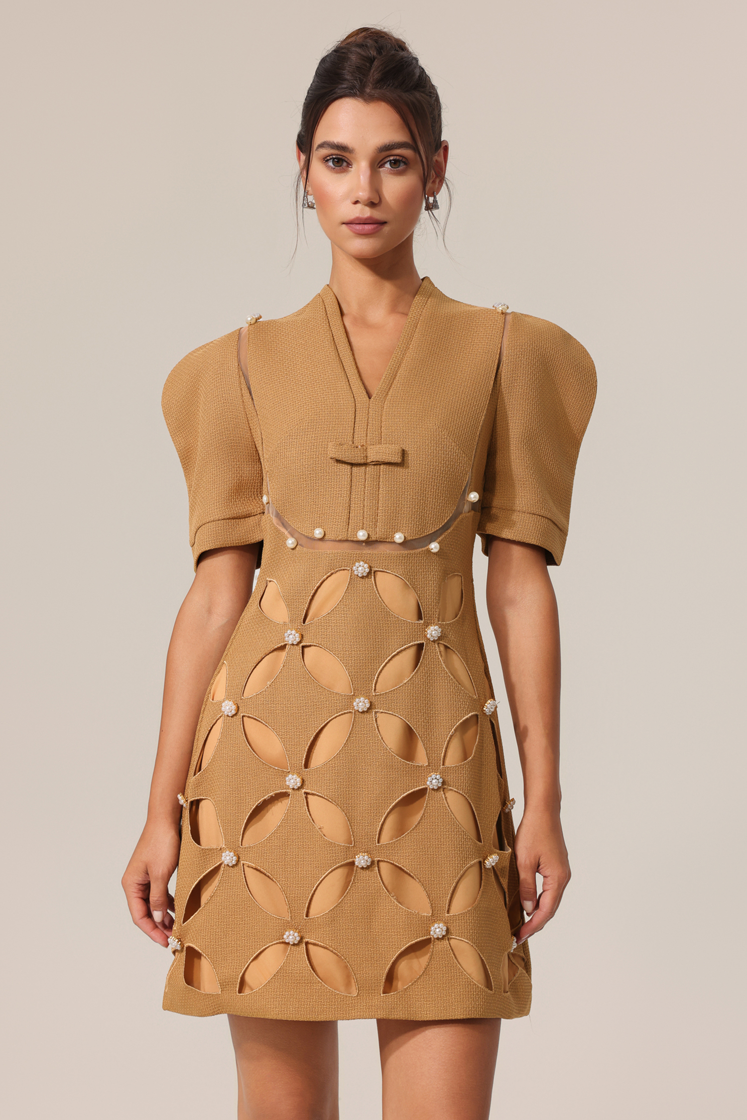Donnica V-Neck Short Sleeves Hollow Out Mini Dress