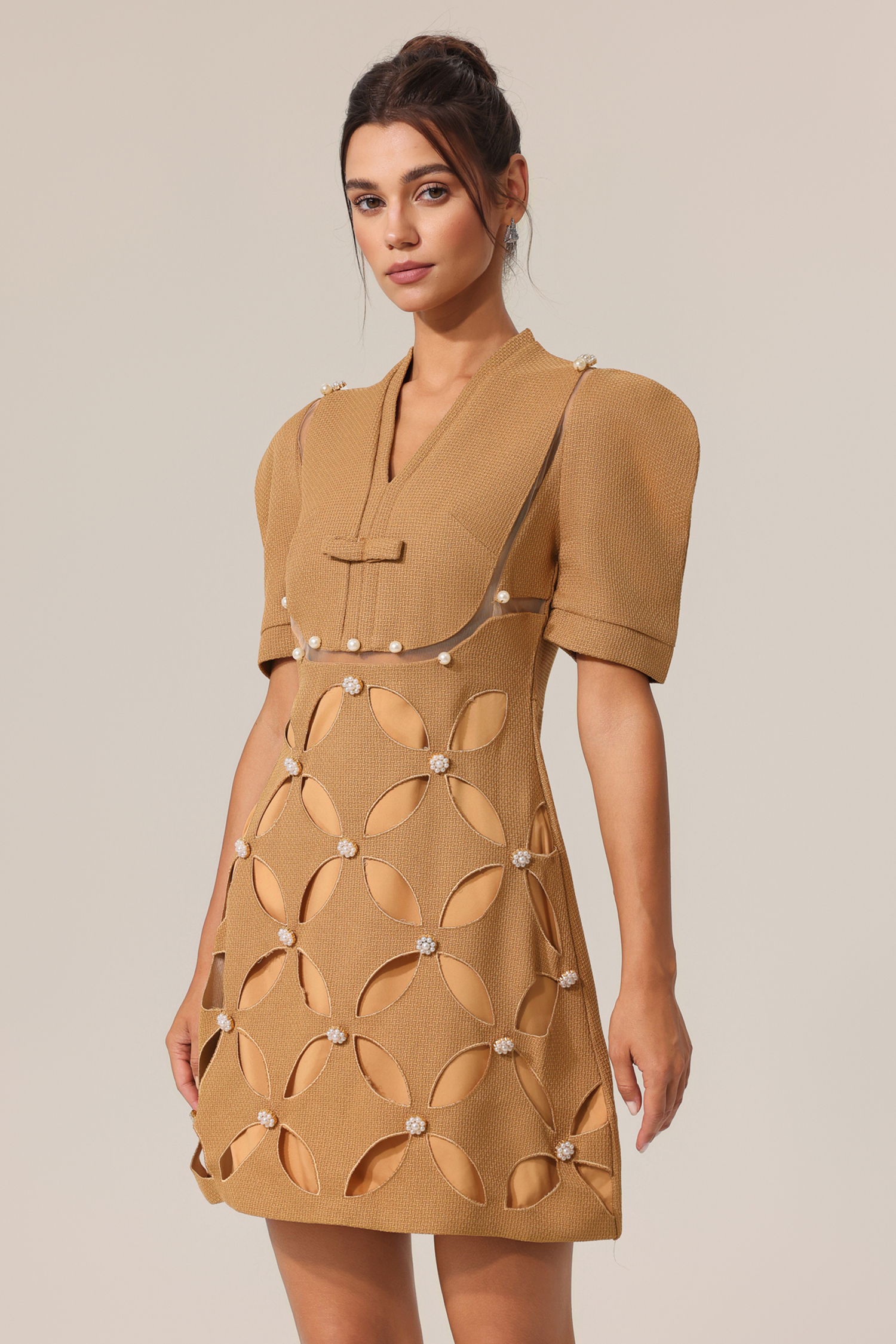 Donnica V-Neck Short Sleeves Hollow Out Mini Dress