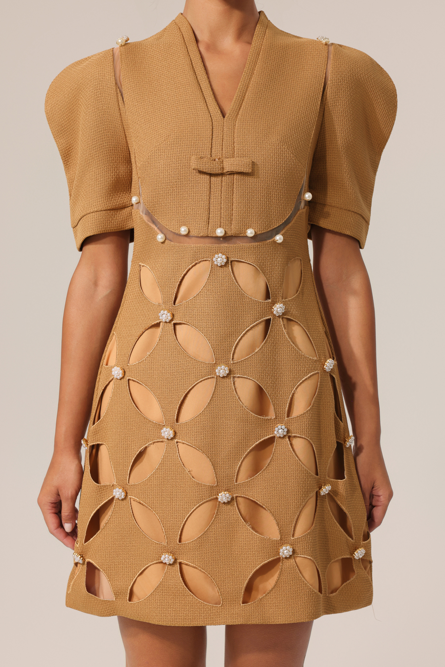 Donnica V-Neck Short Sleeves Hollow Out Mini Dress