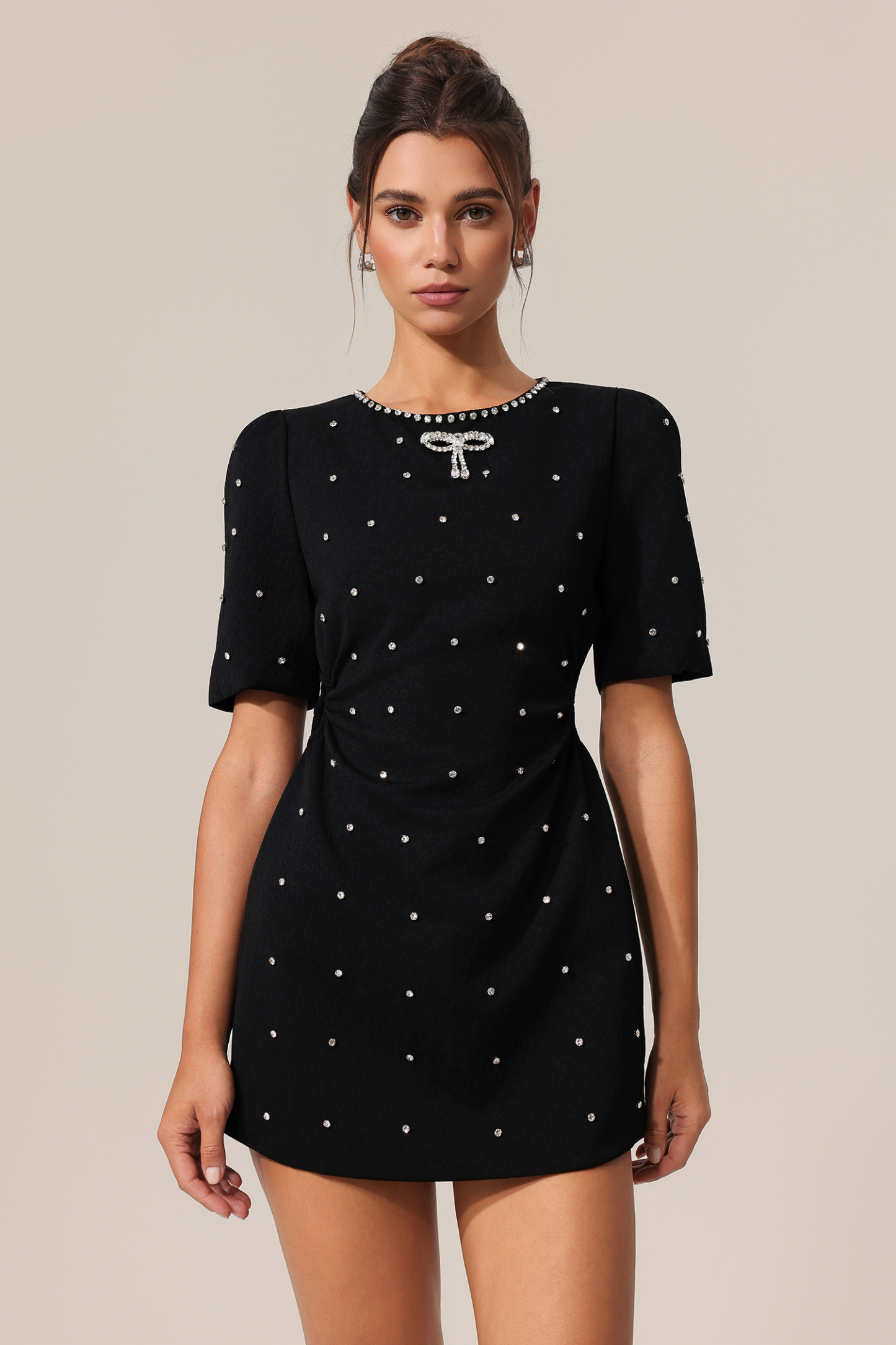 Neela Round Neck Short Sleeves Diamond Bowknot Hollow Out Mini Dress