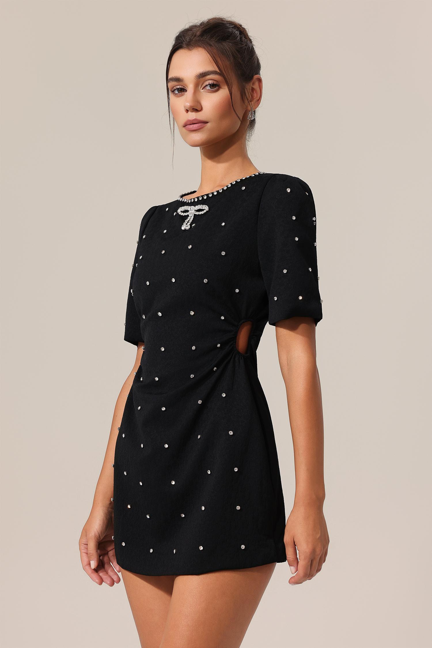 Neela Round Neck Short Sleeves Diamond Bowknot Hollow Out Mini Dress
