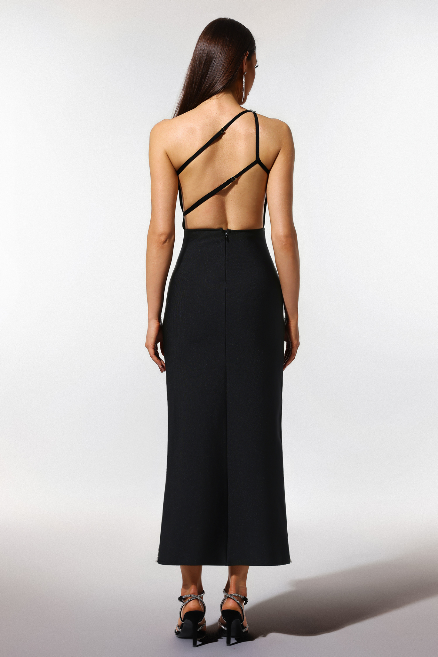 Janneth Sleeveless One Shoulder Diamond Slit Bandage Maxi Dress