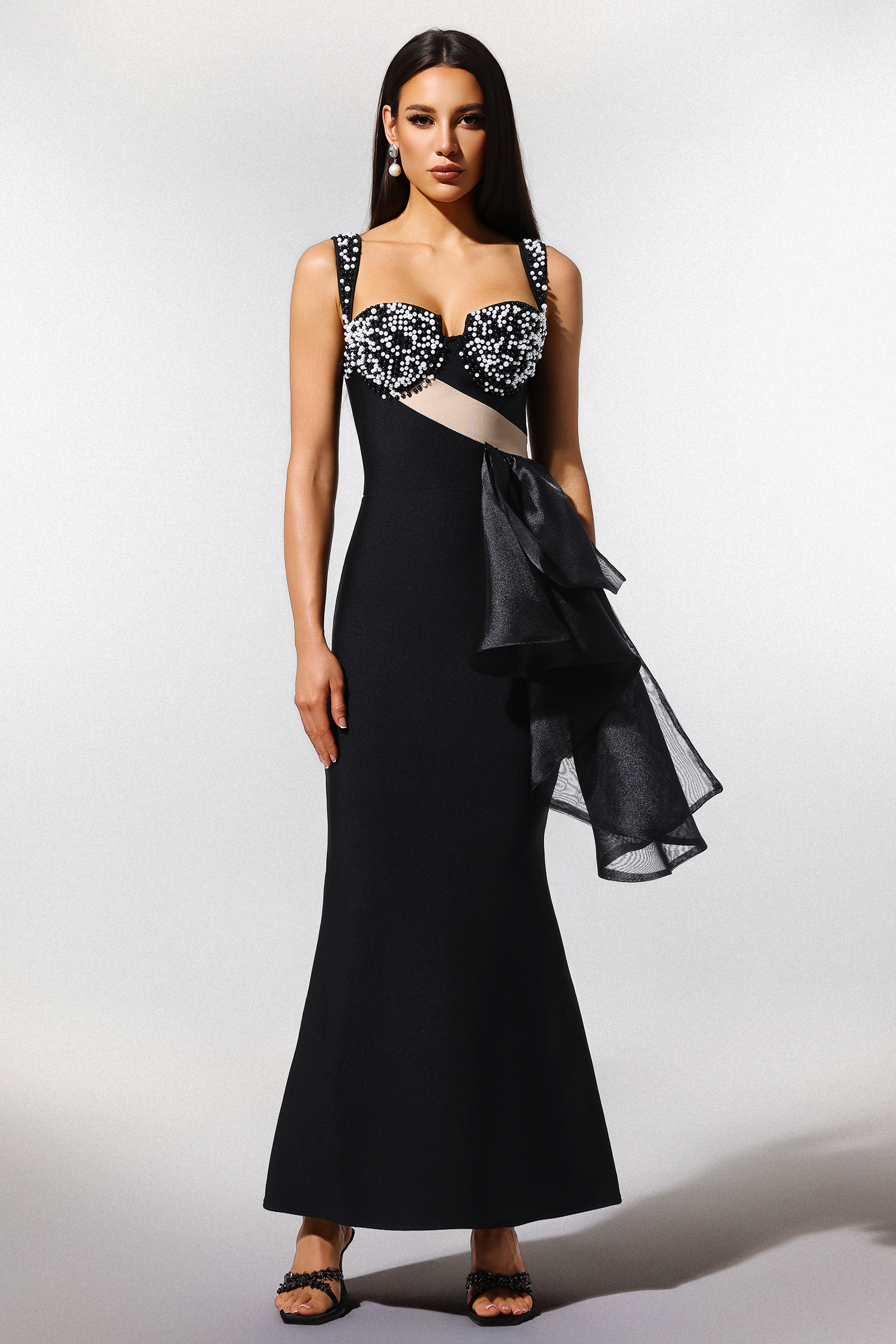 Havera Sleeveless Pearl Mesh Yarn Bandage Maxi Dress