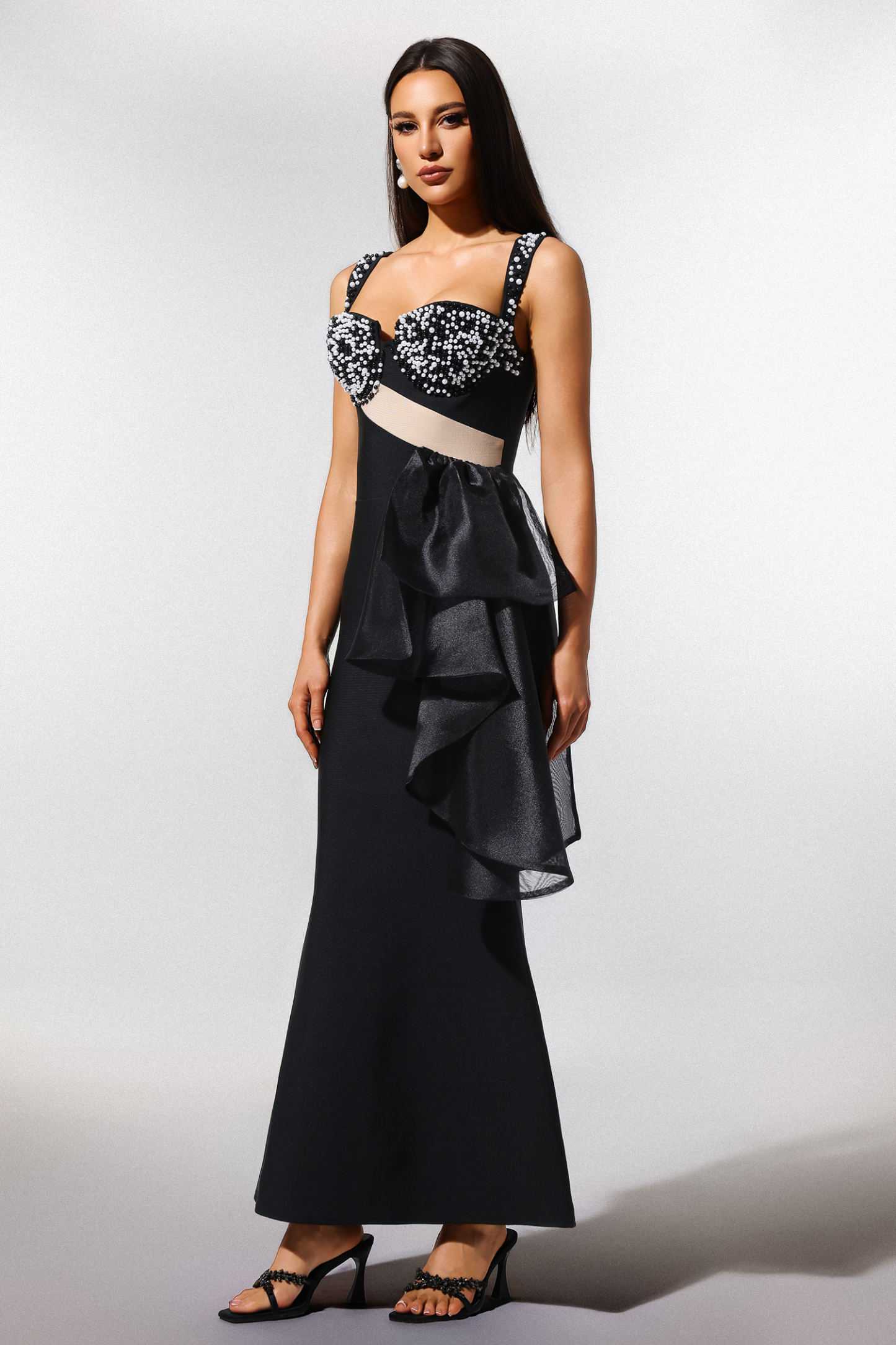Havera Sleeveless Pearl Mesh Yarn Bandage Maxi Dress