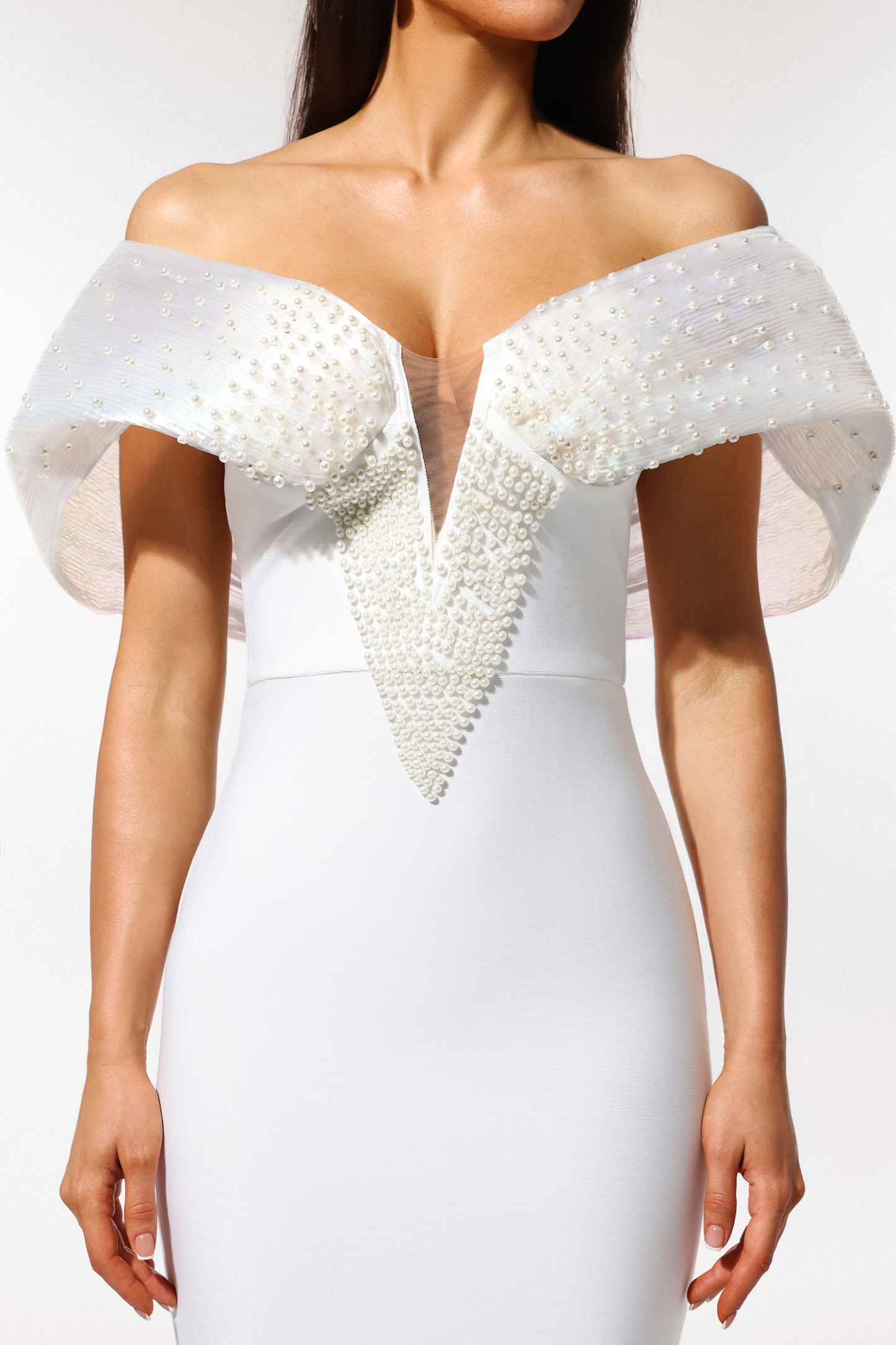 Sharina Off-The-Shoulder Pearl Bandage Maxi Dress