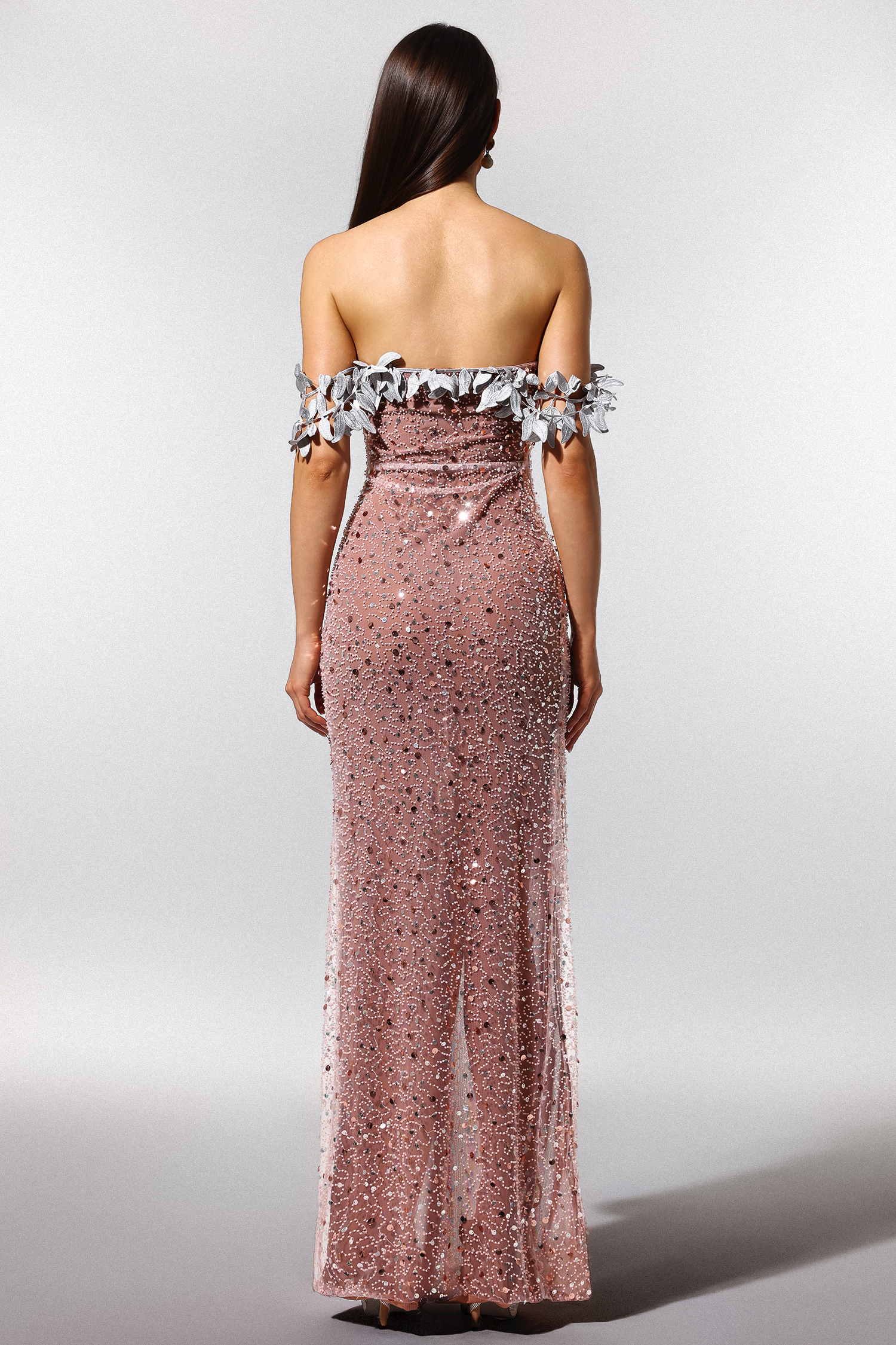 Siola  Off-The-Shoulder Lace Slit  Sequins Maxi Dress
