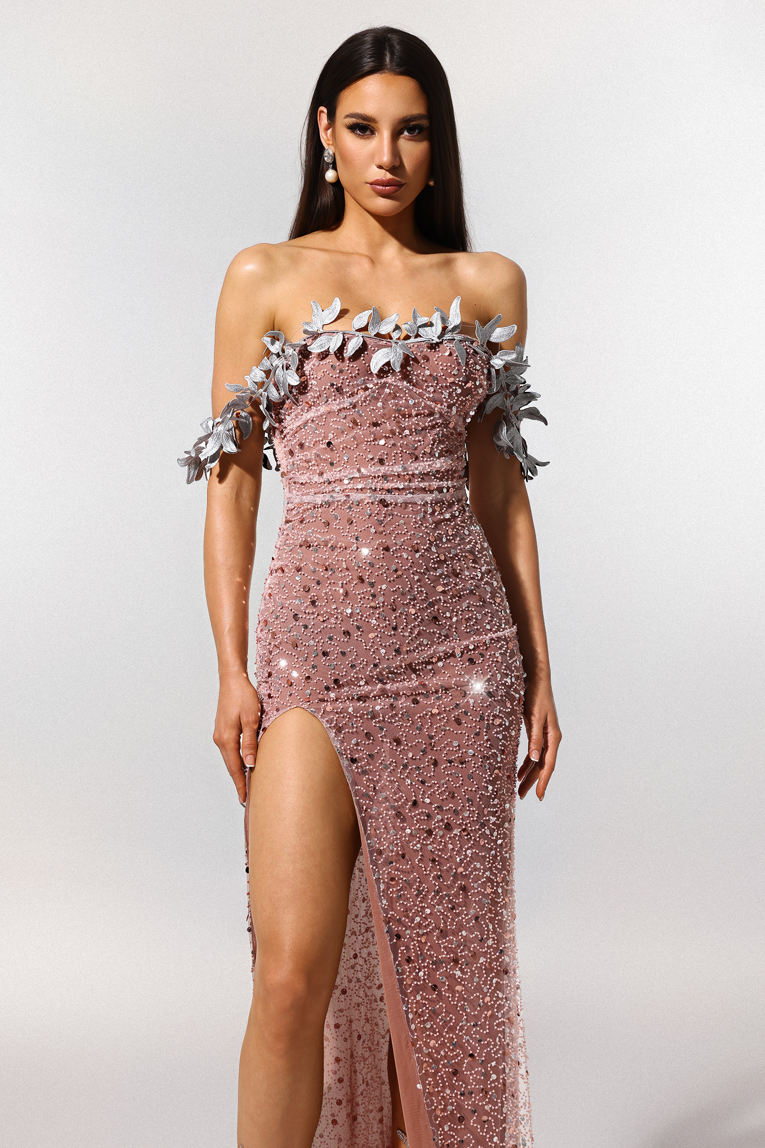 Siola  Off-The-Shoulder Lace Slit  Sequins Maxi Dress