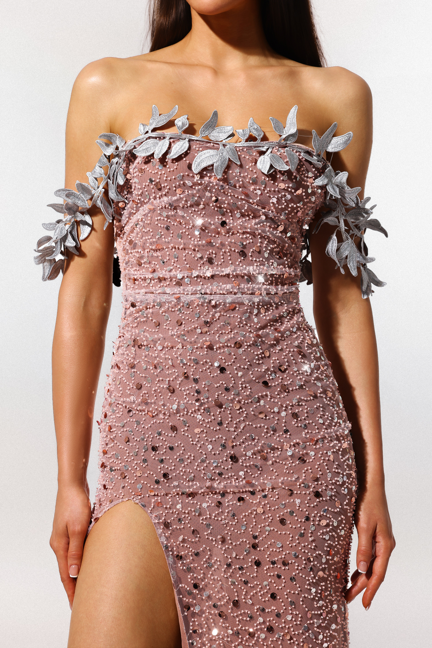 Siola  Off-The-Shoulder Lace Slit  Sequins Maxi Dress