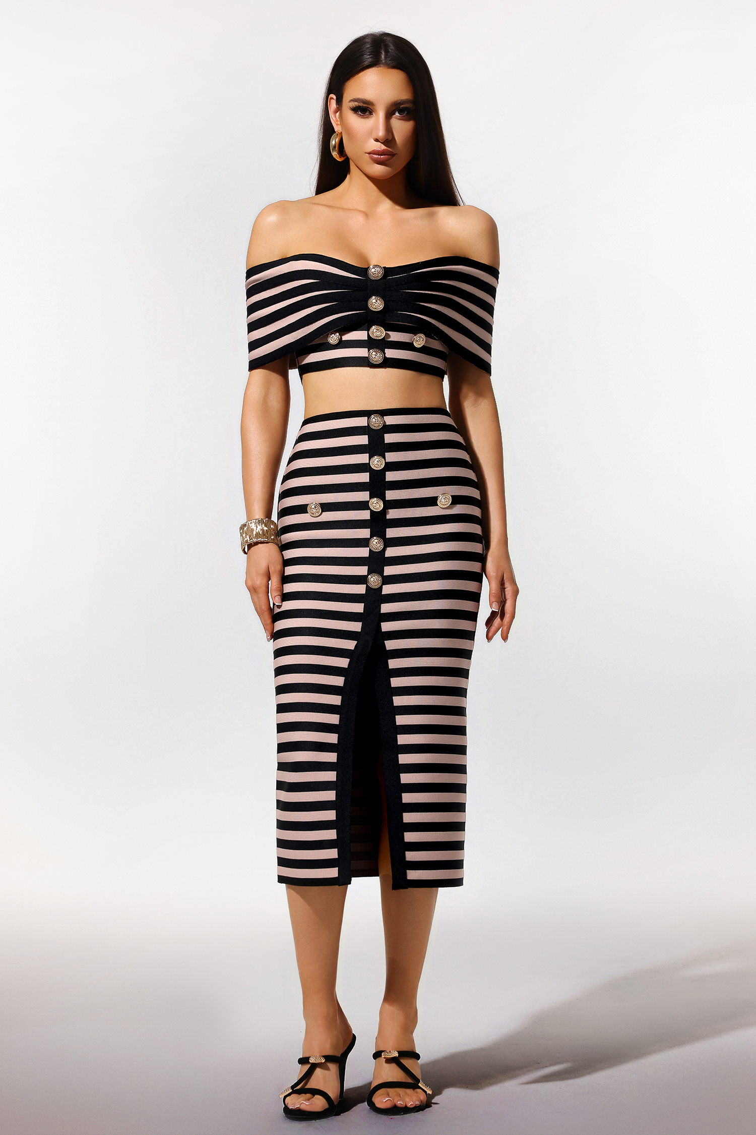 Lalipa Off-The-Shoulder Sleeveless Stripes Bandage Midi Two Piece Set
