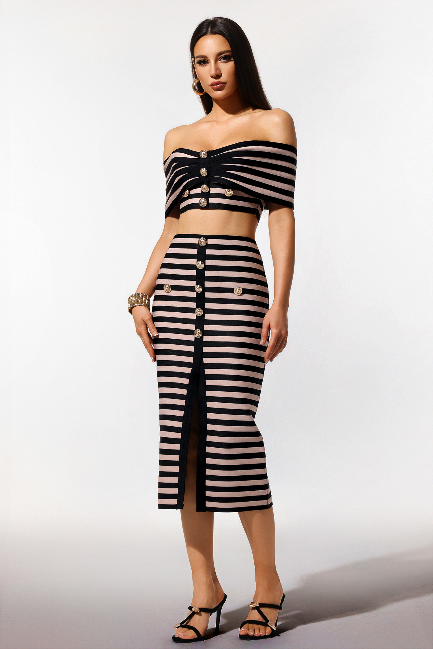 Lalipa Off-The-Shoulder Sleeveless Stripes Bandage Midi Two Piece Set