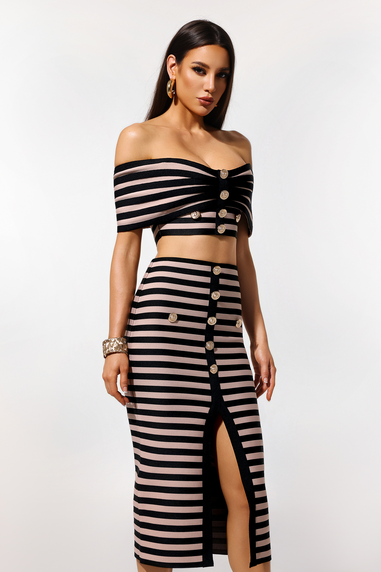 Lalipa Off-The-Shoulder Sleeveless Stripes Bandage Midi Two Piece Set