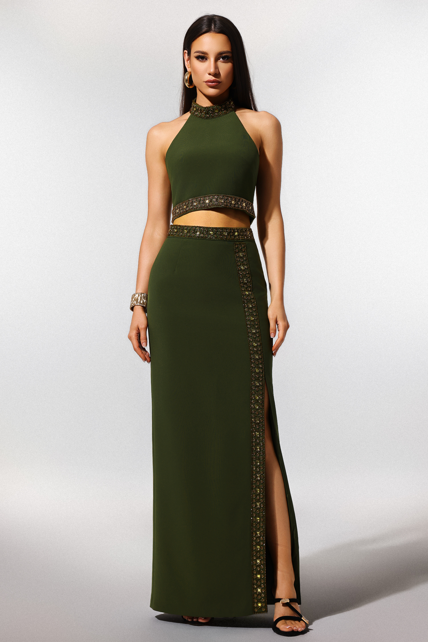 Shaha Halter Sleeveless Diamond Slit Maxi Two Piece Set