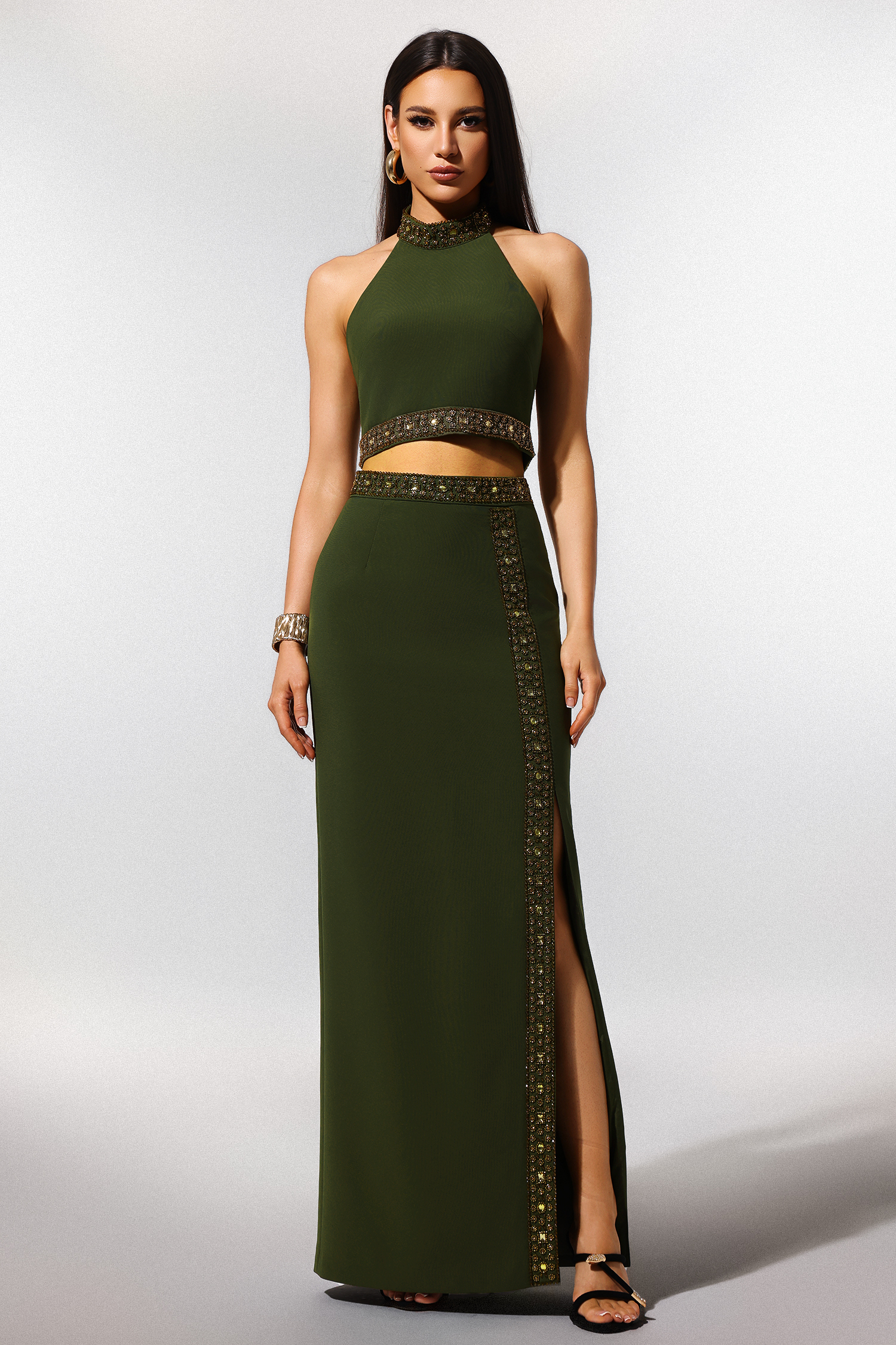 Shaha Halter Sleeveless Diamond Slit Maxi Two Piece Set