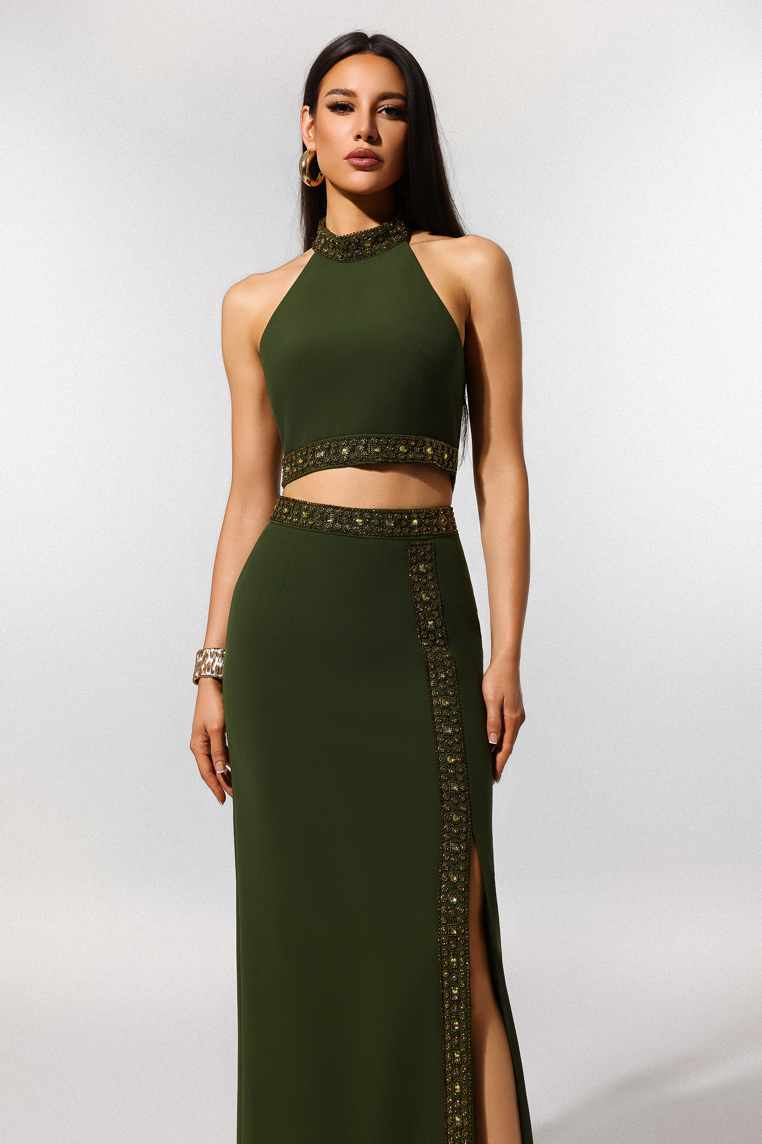 Shaha Halter Sleeveless Diamond Slit Maxi Two Piece Set