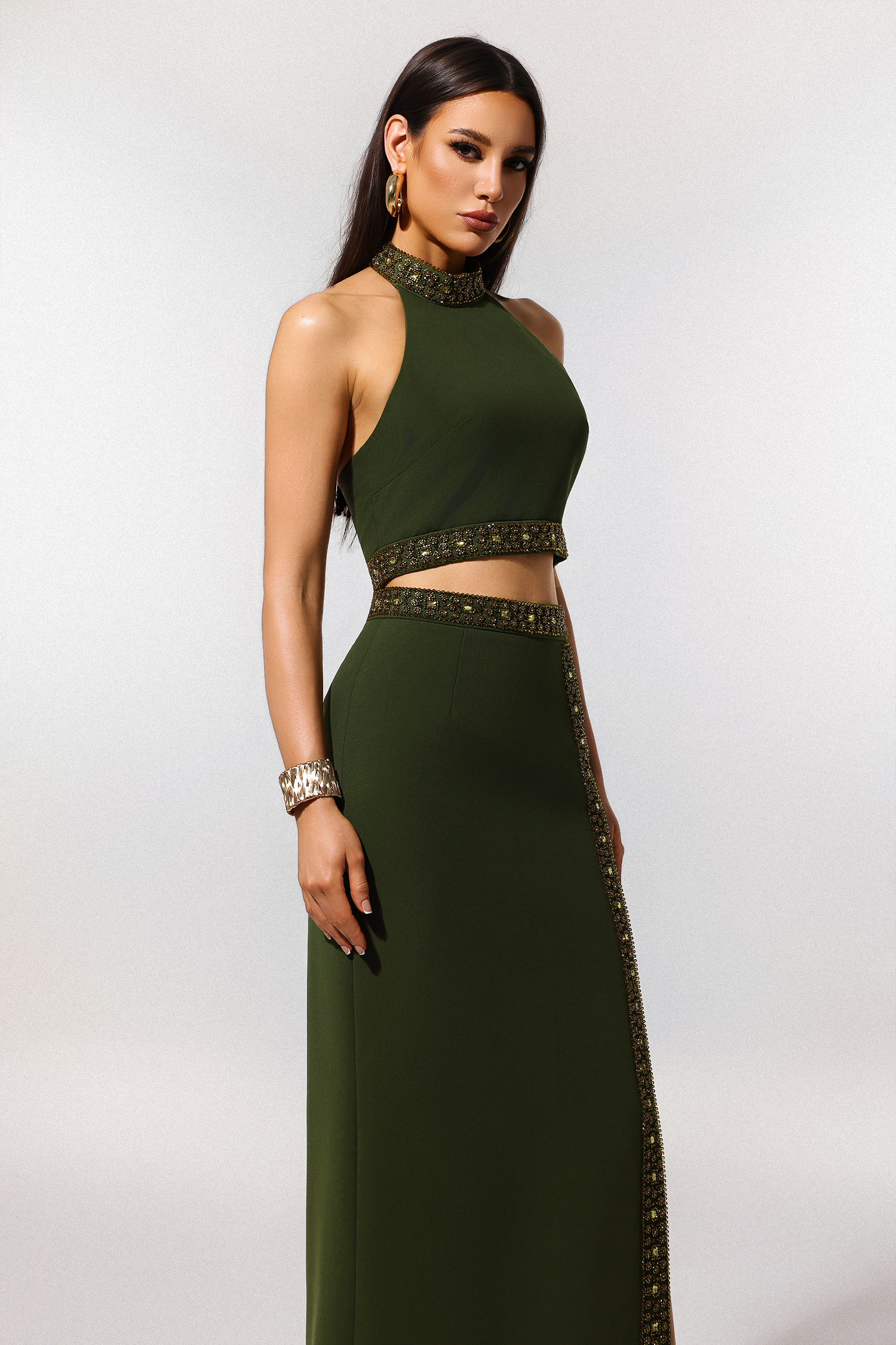 Shaha Halter Sleeveless Diamond Slit Maxi Two Piece Set